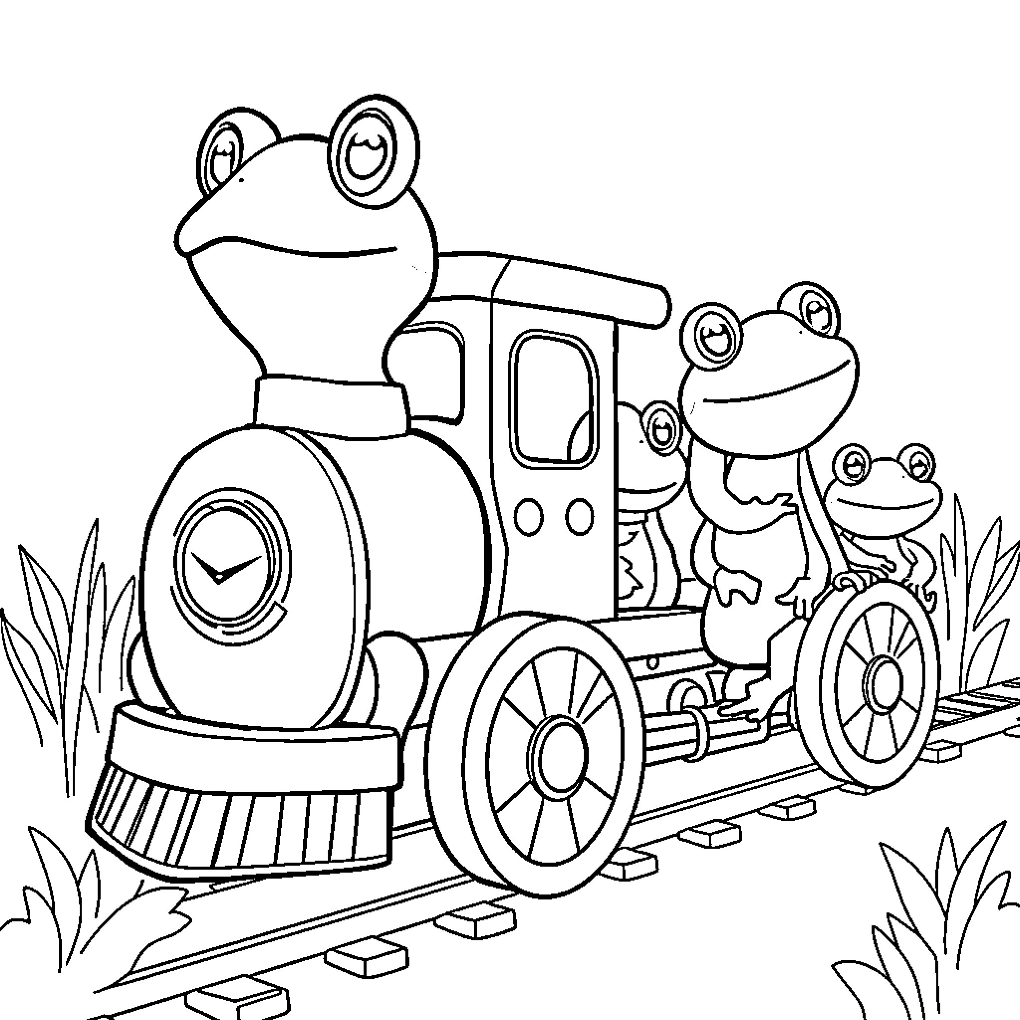 Frog Friends Riding a Whimsical Train Coloring Page (free black-and-white line drawing printable PDF for all, from beginners to advanced learners, including children, teens, adults, and seniors)