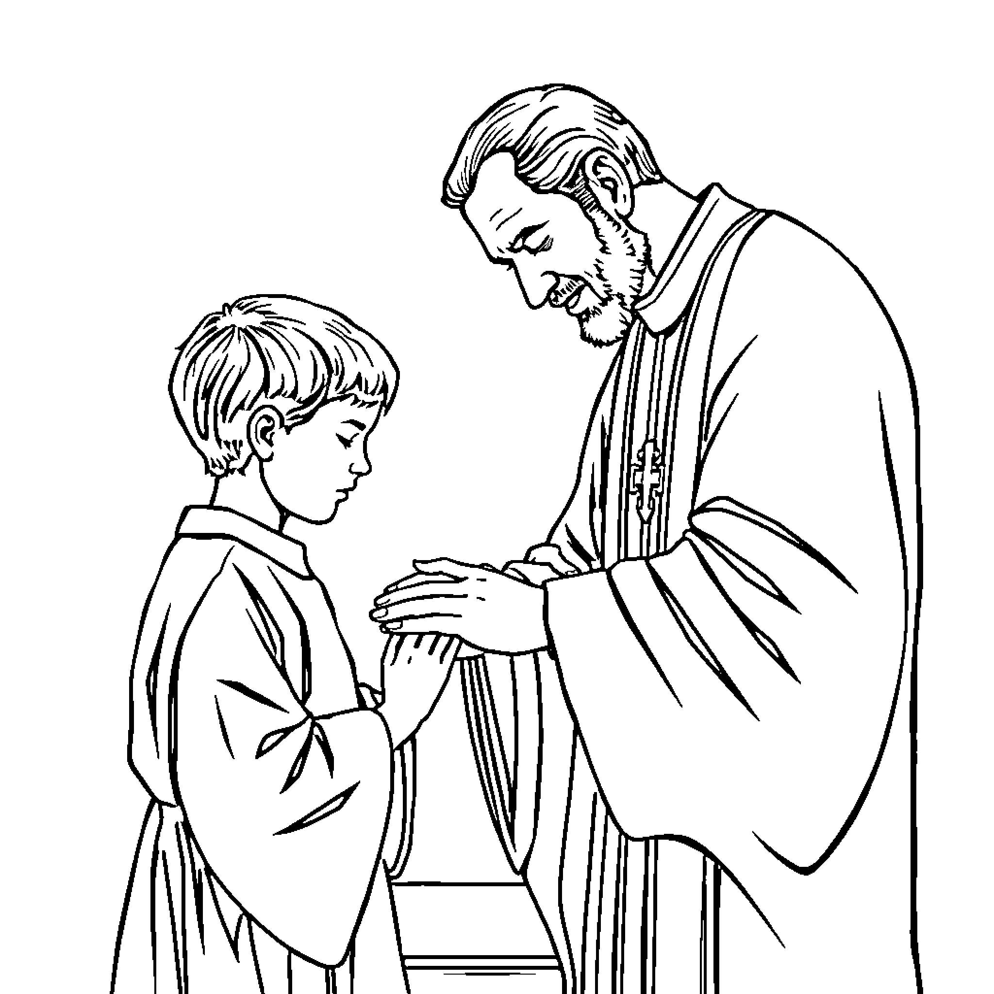 Baptism of a young boy by a priest Coloring Page (free black-and-white line drawing printable PDF for all, from beginners to advanced learners, including children, teens, adults, and seniors)