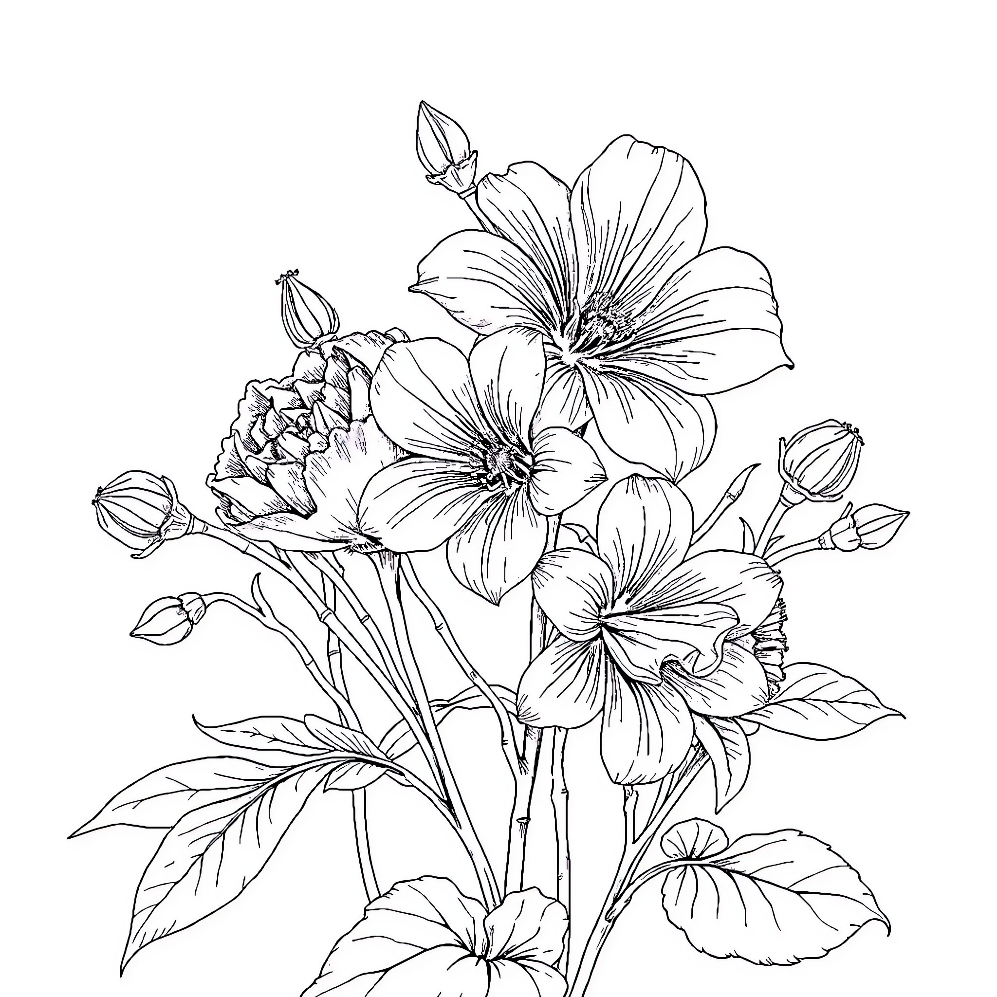 Flower arrangement of blooming hibiscus and buds Coloring Page (free black-and-white line drawing printable PDF for all, from beginners to advanced learners, including children, teens, adults, and seniors)