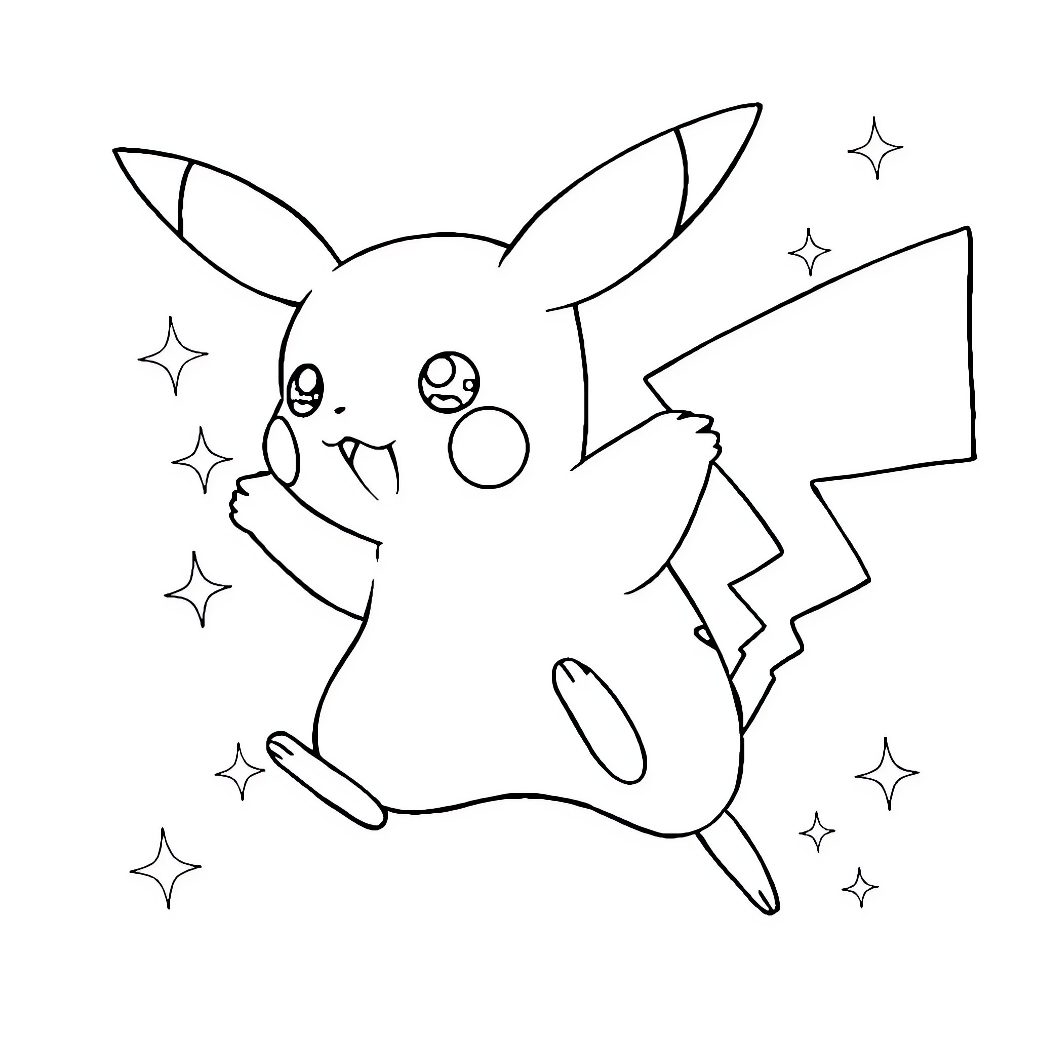 Pikachu playing energetically with stars Coloring Page (free black-and-white line drawing printable PDF for all, from beginners to advanced learners, including children, teens, adults, and seniors)