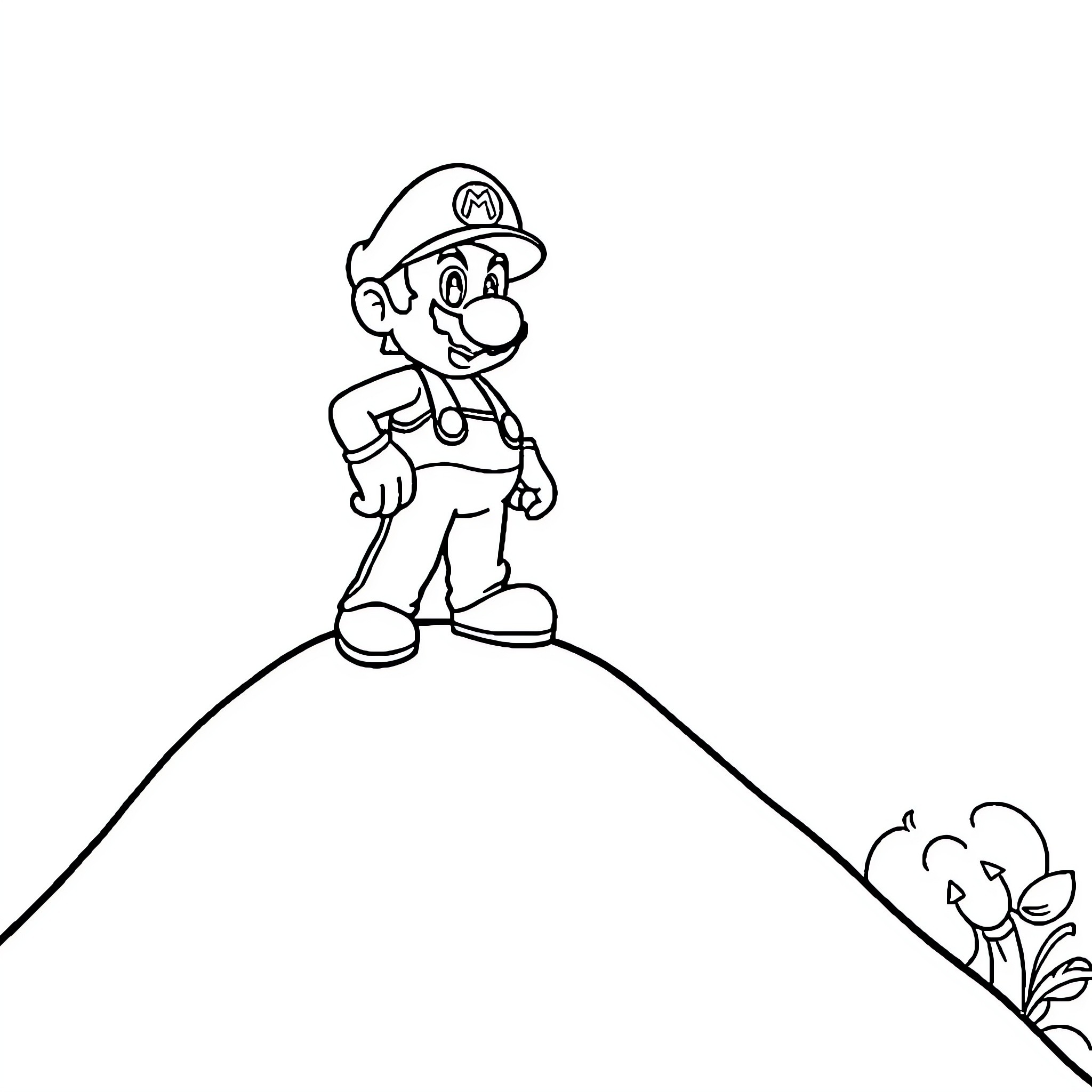Mario Exploring the Landscape Coloring Page (free black-and-white line drawing printable PDF for all, from beginners to advanced learners, including children, teens, adults, and seniors)