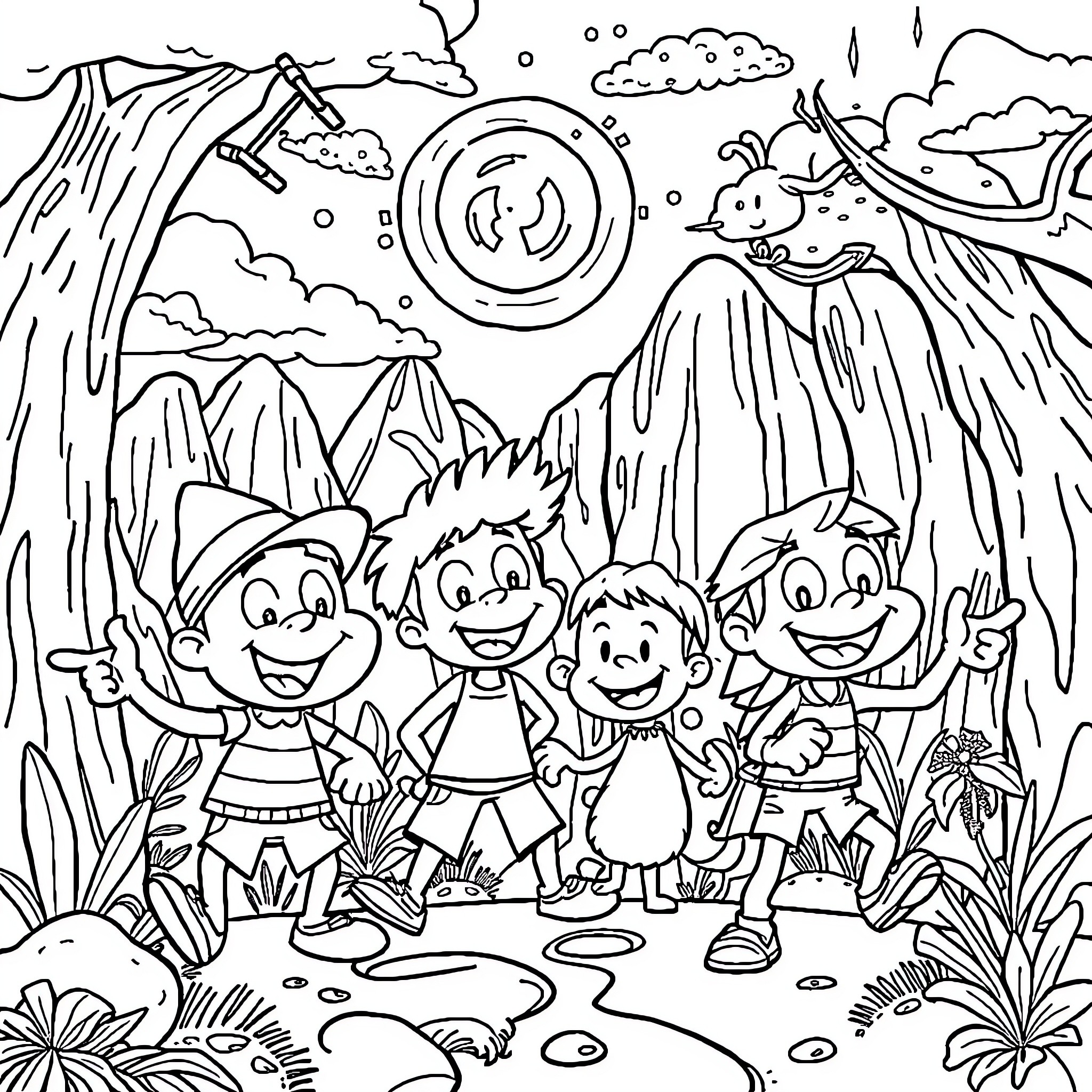 Cartoon characters exploring a magical landscape Coloring Page (free black-and-white line drawing printable PDF for all, from beginners to advanced learners, including children, teens, adults, and seniors)