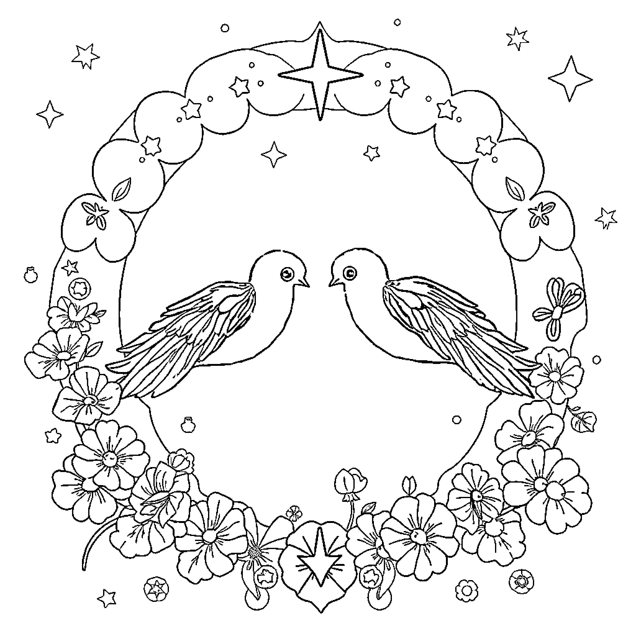 Rabbit flying with birds in a starry floral wreath Coloring Page (free black-and-white line drawing printable PDF for all, from beginners to advanced learners, including children, teens, adults, and seniors)