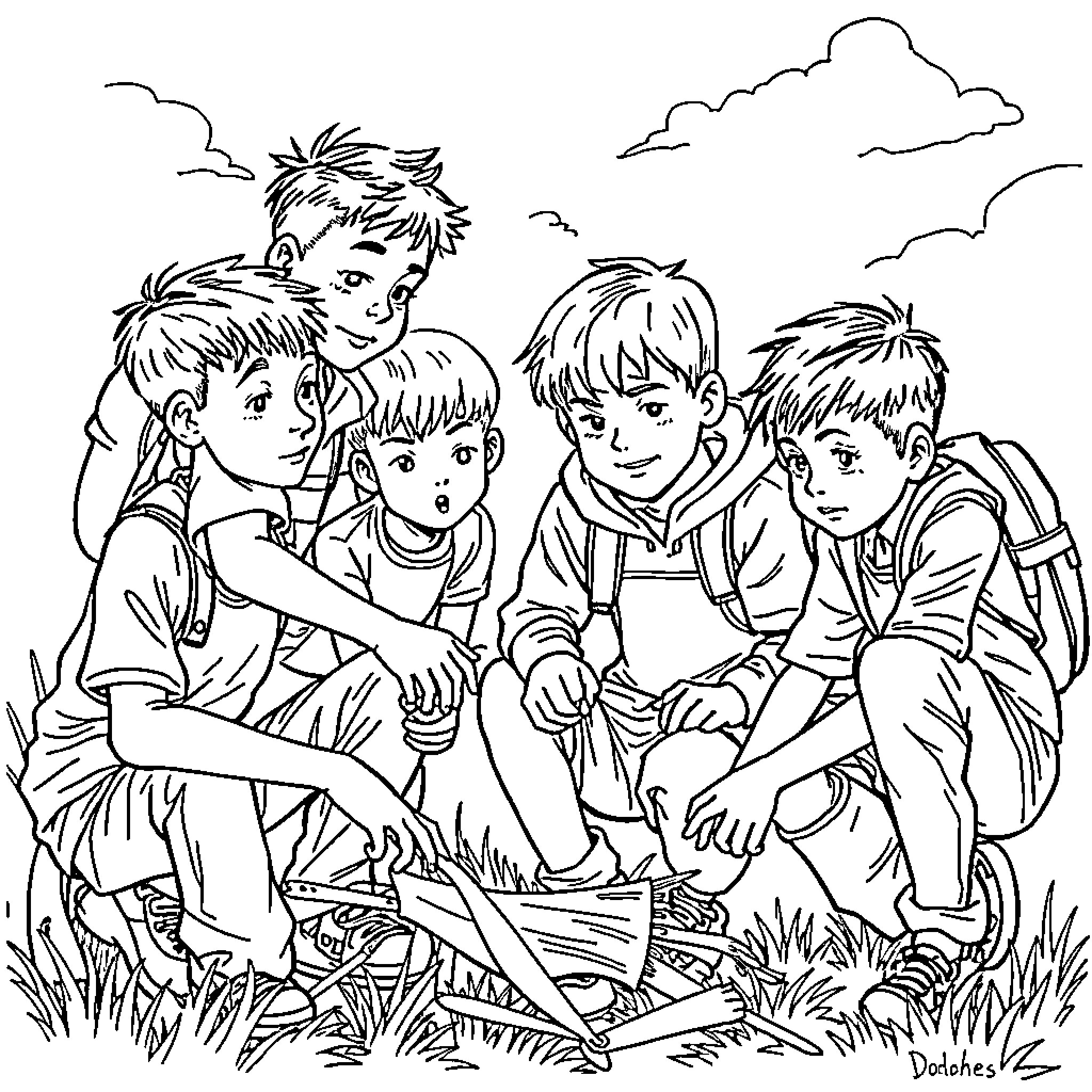 Boys playing together in the field Coloring Page (free black-and-white line drawing printable PDF for all, from beginners to advanced learners, including children, teens, adults, and seniors)