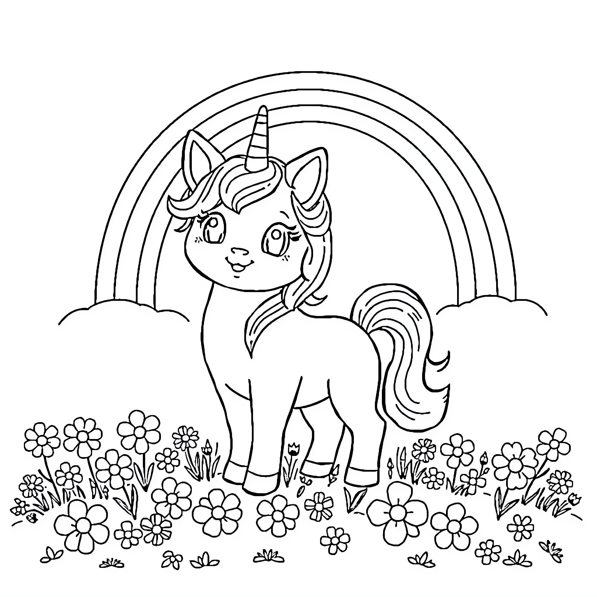 Caticorn playing happily in a magical garden Coloring Page (free black-and-white line drawing printable PDF for all, from beginners to advanced learners, including children, teens, adults, and seniors)
