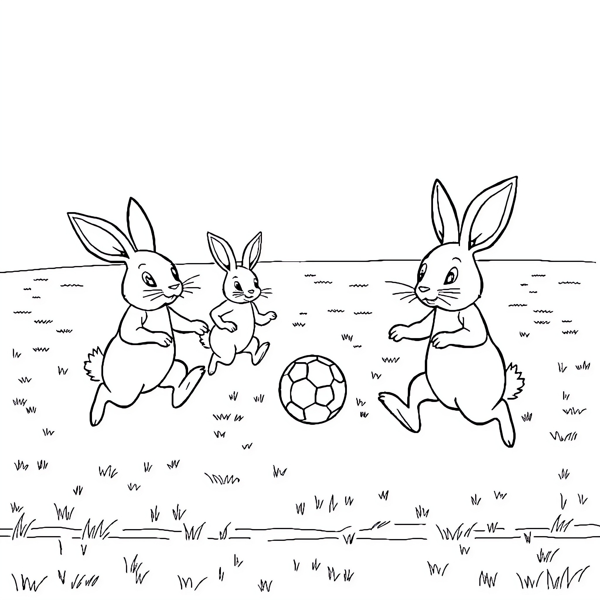 Lapin Rabbits Playing with Ball in Meadow Coloring Page (free black-and-white line drawing printable PDF for all, from beginners to advanced learners, including children, teens, adults, and seniors)