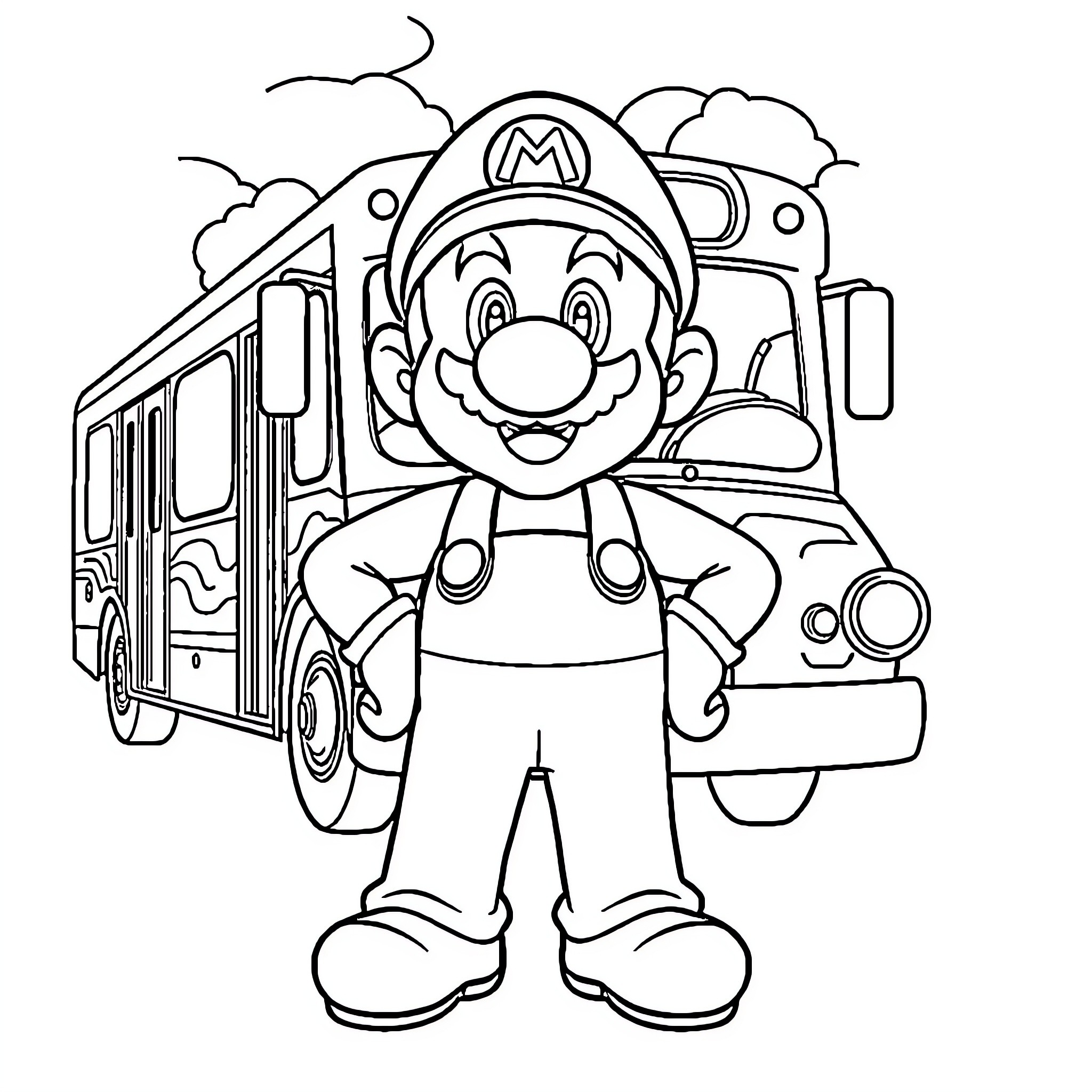 Super Mario driving a train with excitement Coloring Page (free black-and-white line drawing printable PDF for all, from beginners to advanced learners, including children, teens, adults, and seniors)
