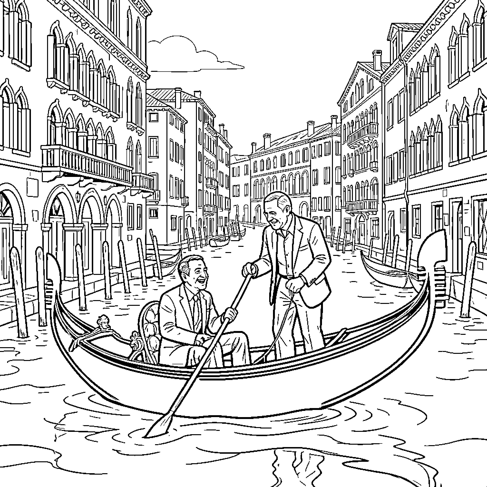 Gondola ride through historic Venetian canals Coloring Page (free black-and-white line drawing printable PDF for all, from beginners to advanced learners, including children, teens, adults, and seniors)