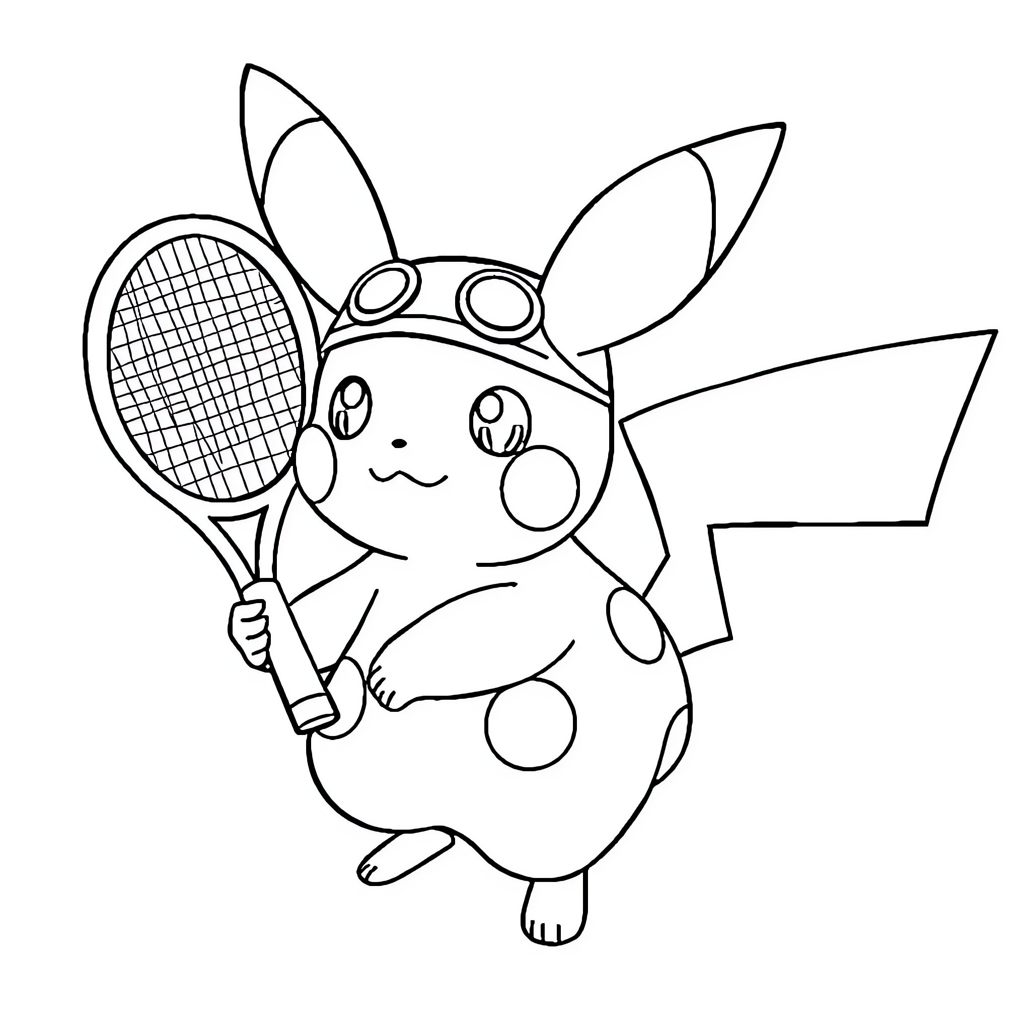 Pikachu playing tennis with a racket Coloring Page (free black-and-white line drawing printable PDF for all, from beginners to advanced learners, including children, teens, adults, and seniors)