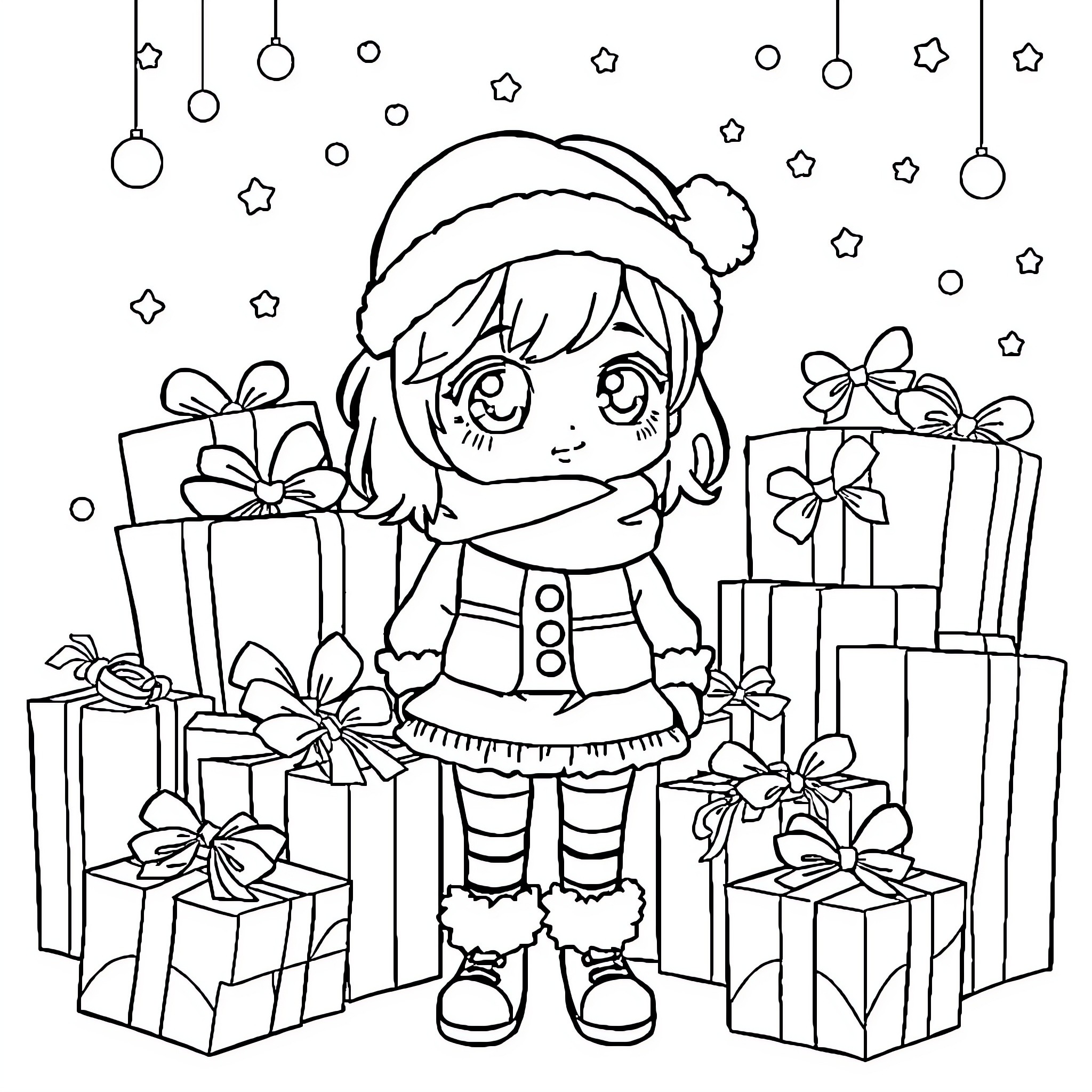 Model with Gifts and Holiday Decorations Coloring Page (free black-and-white line drawing printable PDF for all, from beginners to advanced learners, including children, teens, adults, and seniors)