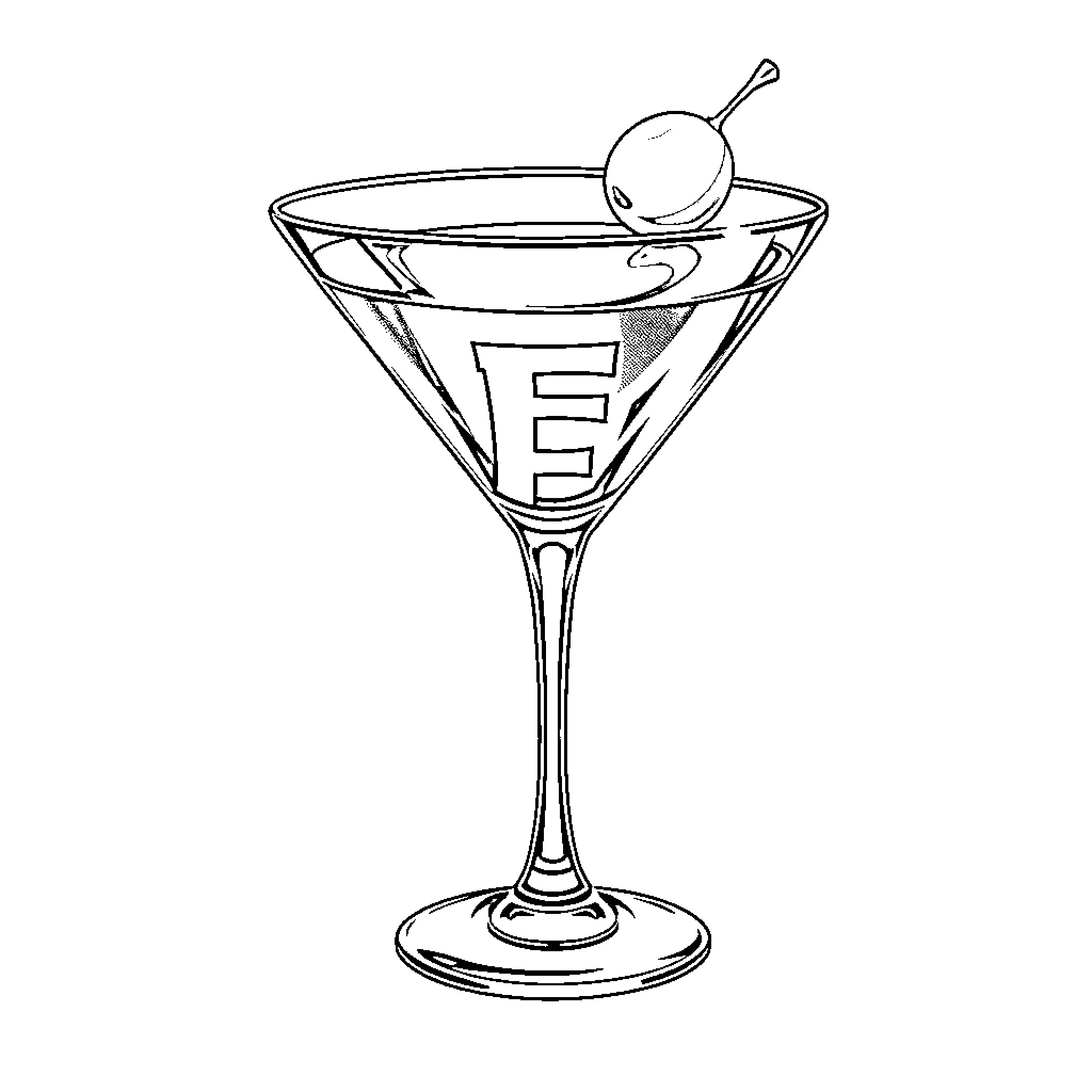 Martini Glass with Letter E Coloring Page (free black-and-white line drawing printable PDF for all, from beginners to advanced learners, including children, teens, adults, and seniors)
