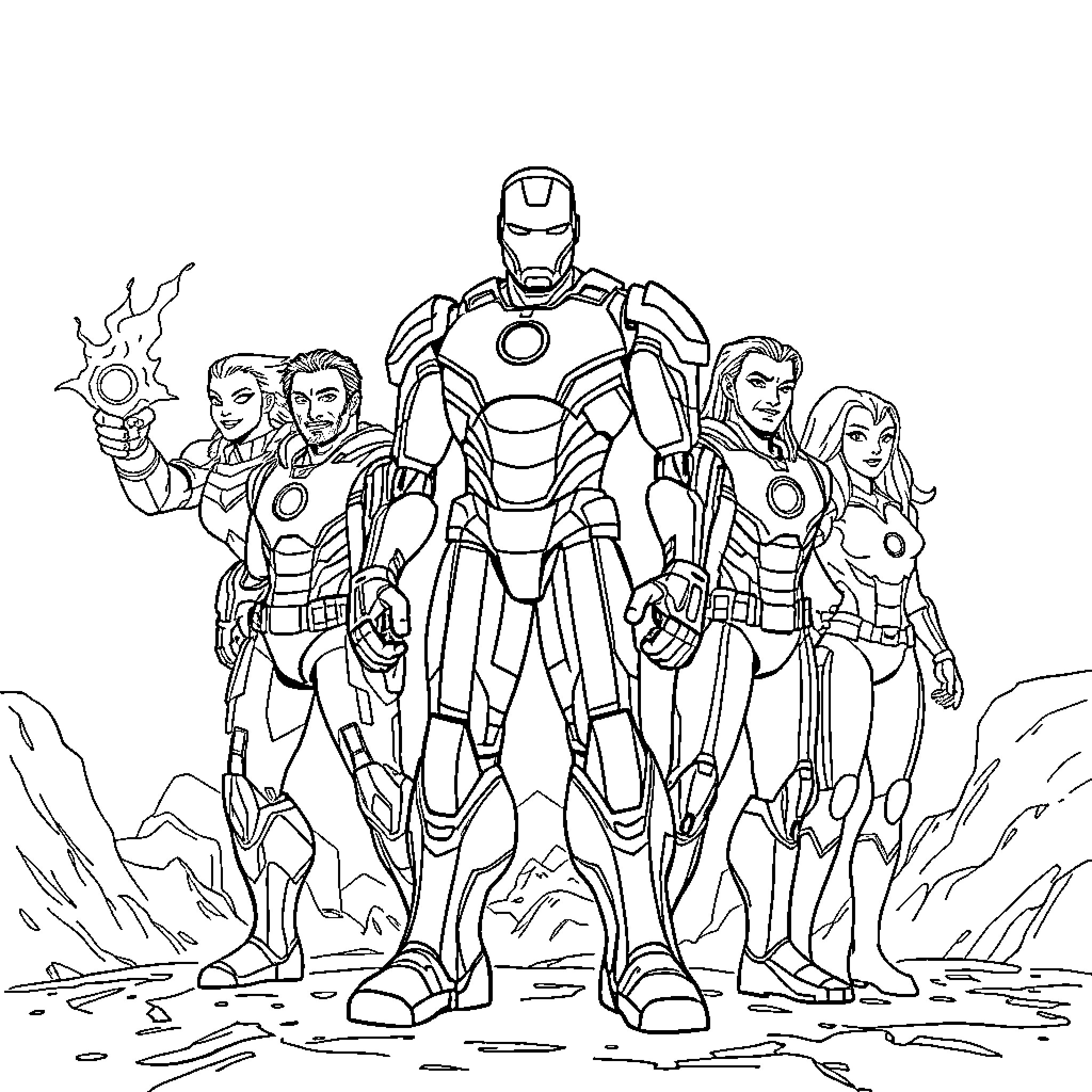 Iron Man and the Avengers Team Assembled Coloring Page (free black-and-white line drawing printable PDF for all, from beginners to advanced learners, including children, teens, adults, and seniors)