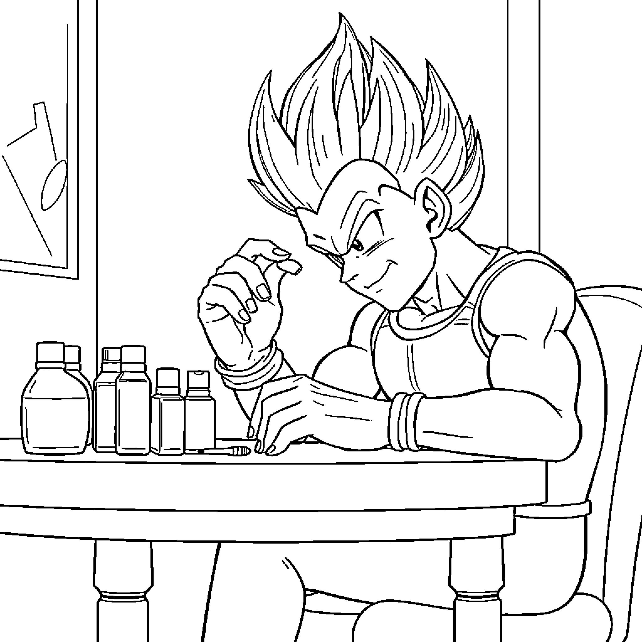 Vegeta Engrossed in Scientific Experimentation Coloring Page (free black-and-white line drawing printable PDF for all, from beginners to advanced learners, including children, teens, adults, and seniors)