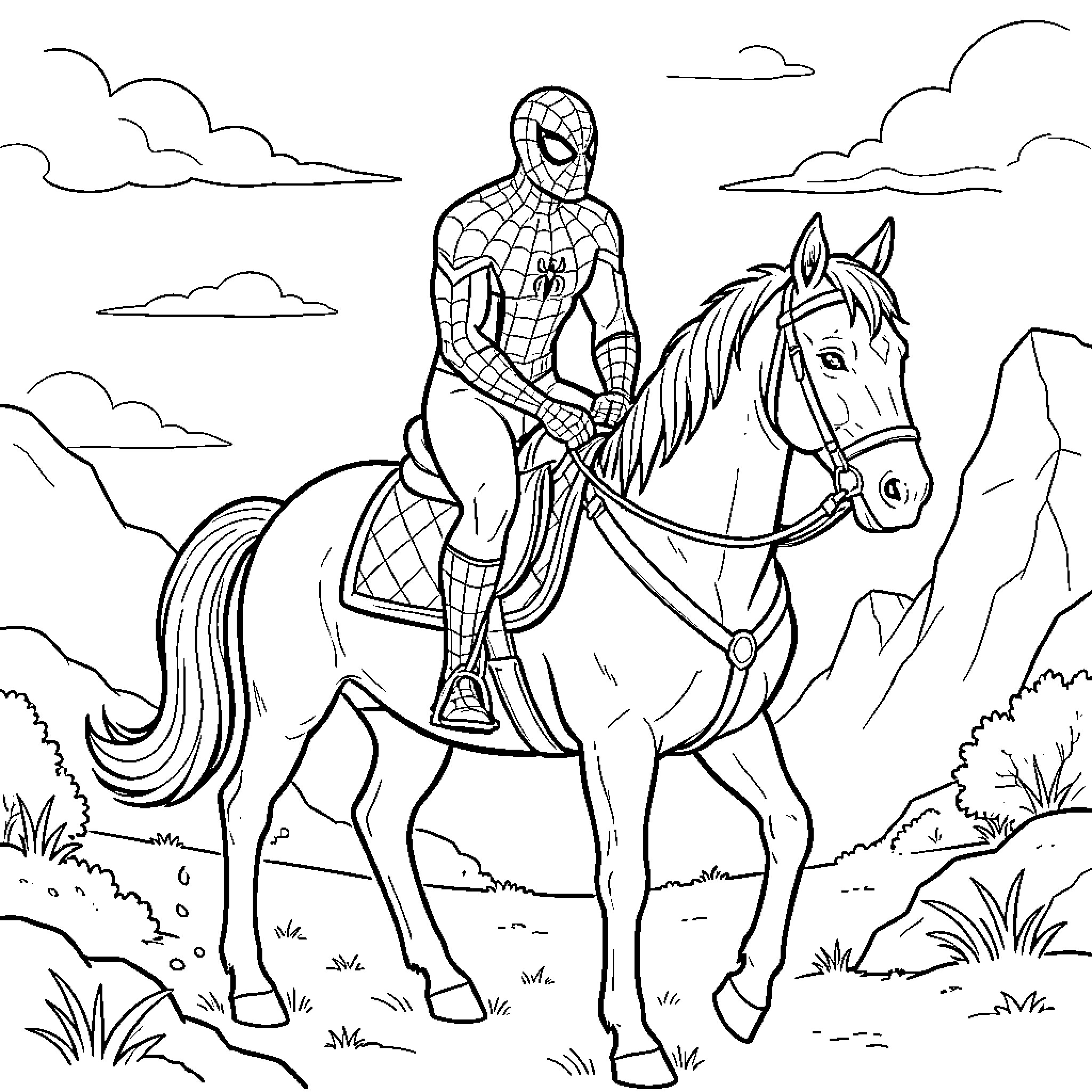Spiderman riding a horse through a scenic landscape Coloring Page (free black-and-white line drawing printable PDF for all, from beginners to advanced learners, including children, teens, adults, and seniors)