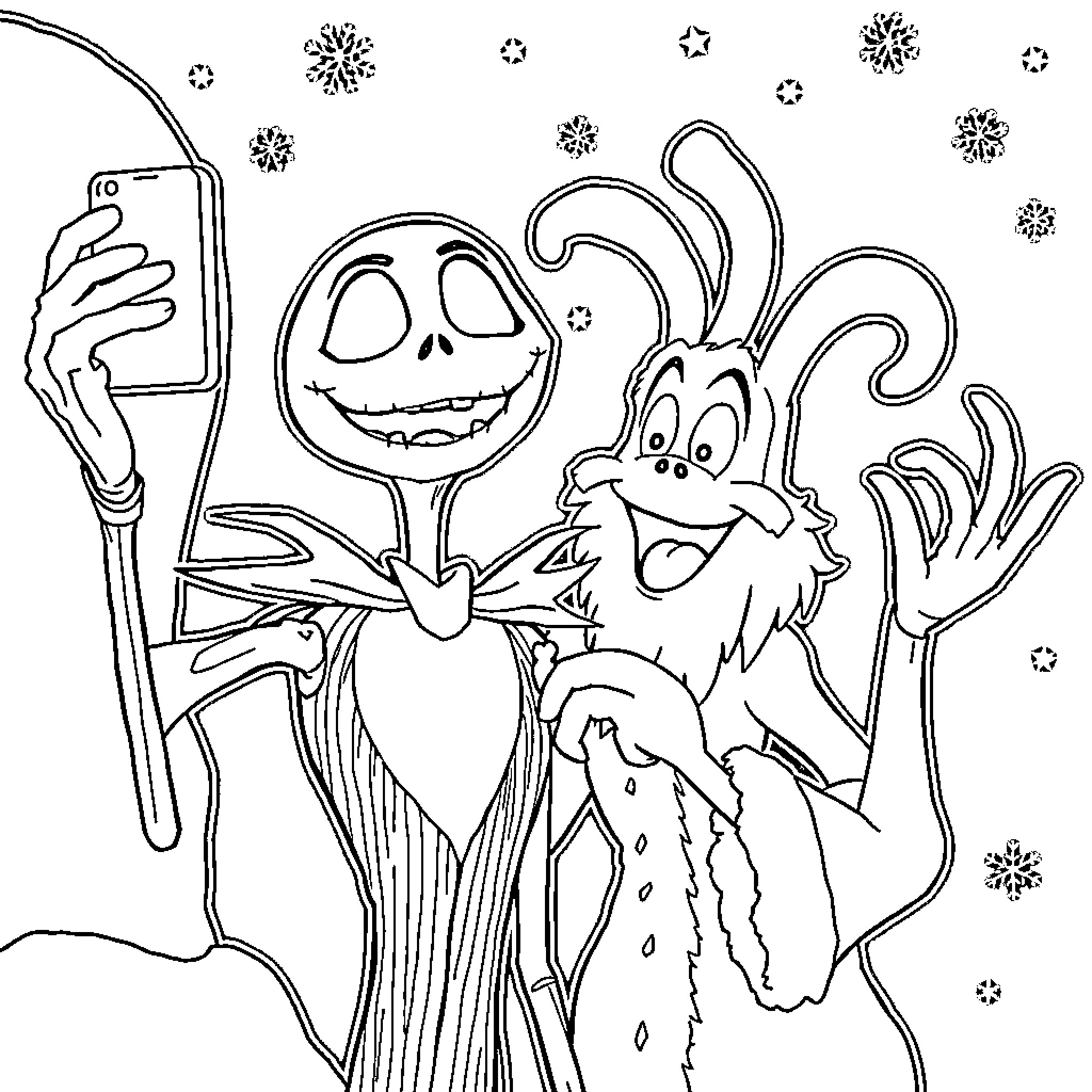 Jack Skellington and his companion in a wintry scene Coloring Page (free black-and-white line drawing printable PDF for all, from beginners to advanced learners, including children, teens, adults, and seniors)