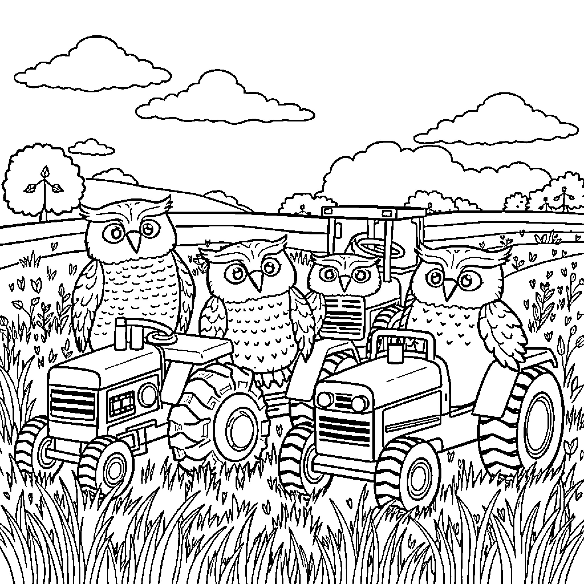 Owls operating farm machinery in a rural landscape Coloring Page (free black-and-white line drawing printable PDF for all, from beginners to advanced learners, including children, teens, adults, and seniors)