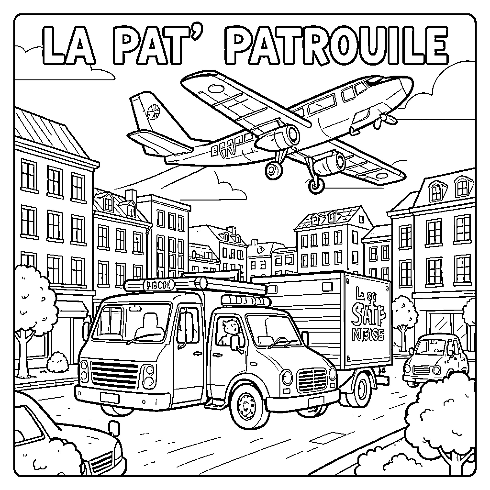 Patrouille flying airplane over city with rescue vehicles Coloring Page (free black-and-white line drawing printable PDF for all, from beginners to advanced learners, including children, teens, adults, and seniors)