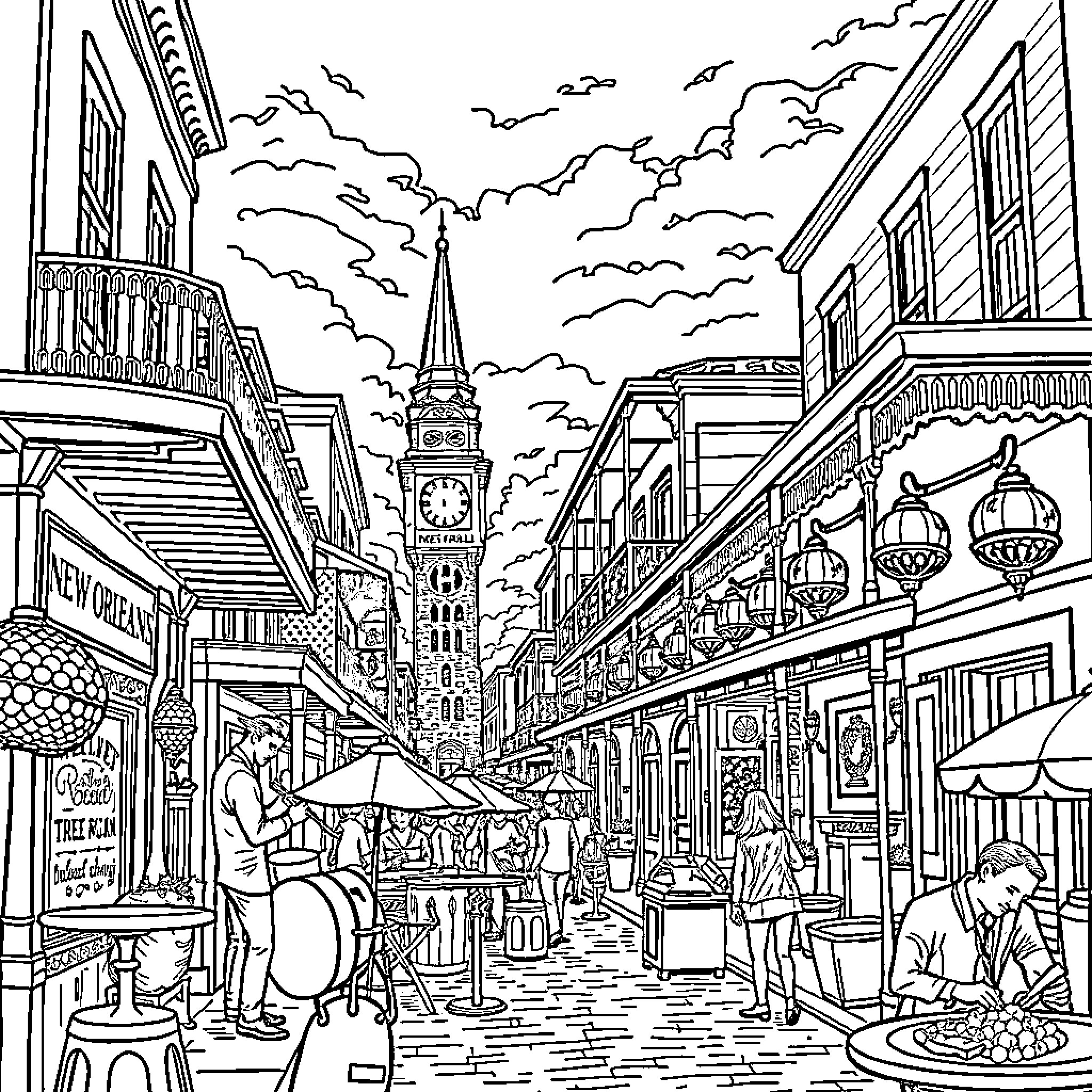 New Orleans street scene with bustling activity and iconic architecture Coloring Page (free black-and-white line drawing printable PDF for all, from beginners to advanced learners, including children, teens, adults, and seniors)