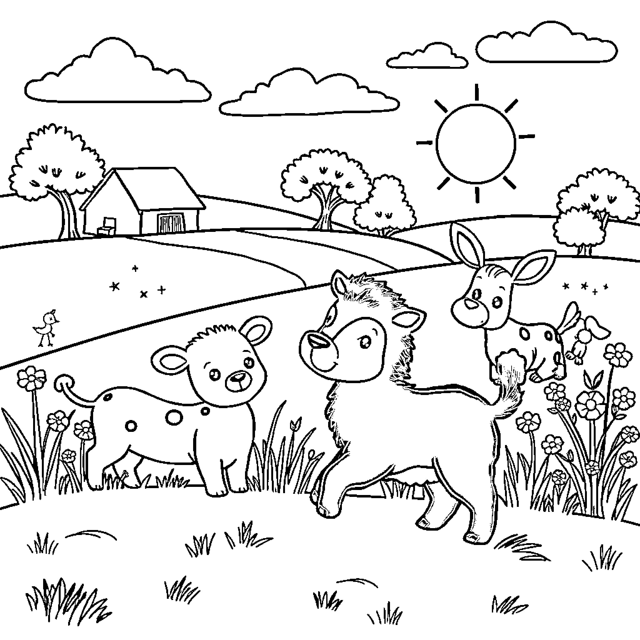 Animal friends playing in peaceful countryside Coloring Page (free black-and-white line drawing printable PDF for all, from beginners to advanced learners, including children, teens, adults, and seniors)