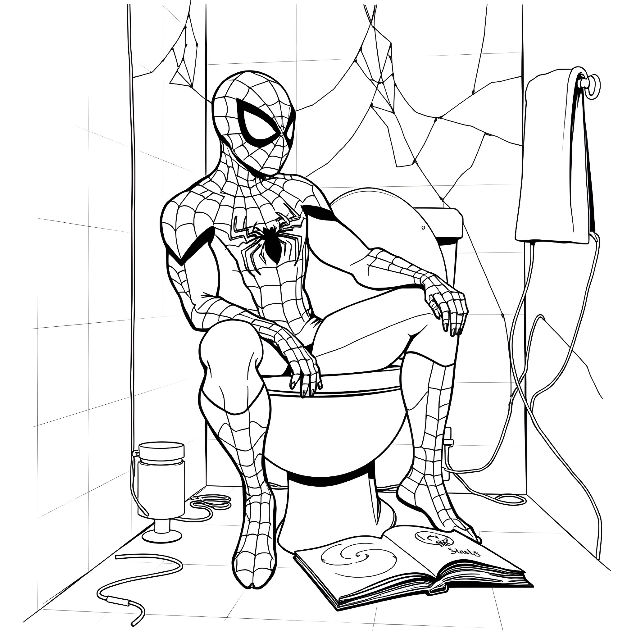 Spiderman in contemplative pose on a web-filled background Coloring Page (free black-and-white line drawing printable PDF for all, from beginners to advanced learners, including children, teens, adults, and seniors)