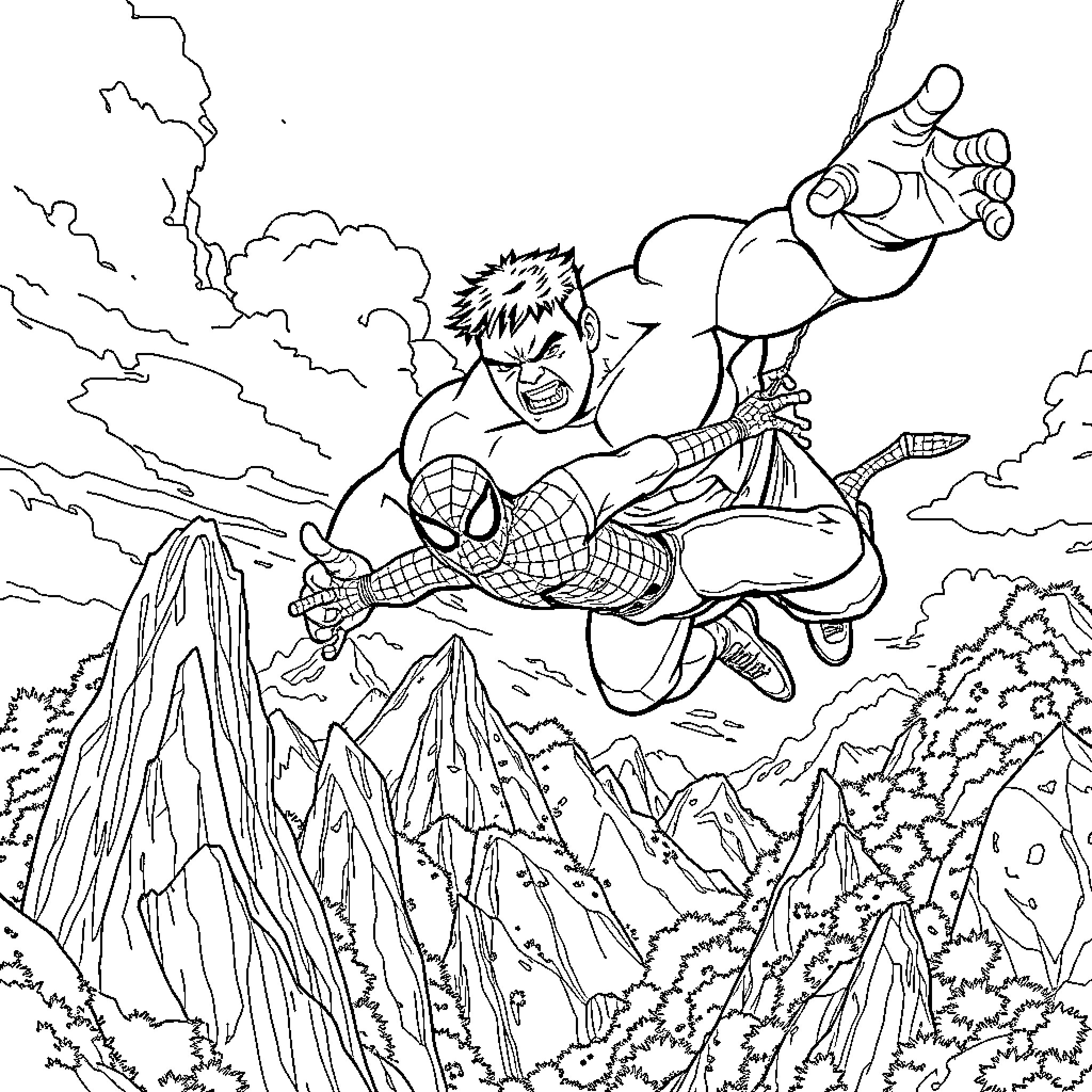 Hulk Punching Spider-Man in Dramatic Superhero Scene Coloring Page (free black-and-white line drawing printable PDF for all, from beginners to advanced learners, including children, teens, adults, and seniors)