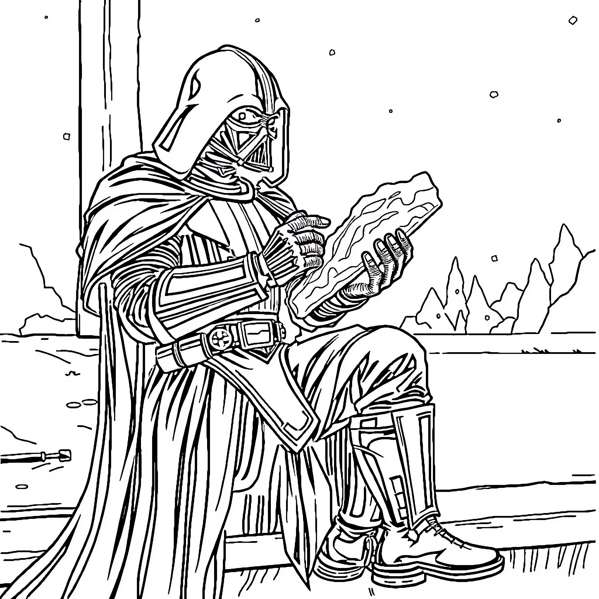 Darth Vader contemplating his destiny in the galaxy Coloring Page (free black-and-white line drawing printable PDF for all, from beginners to advanced learners, including children, teens, adults, and seniors)