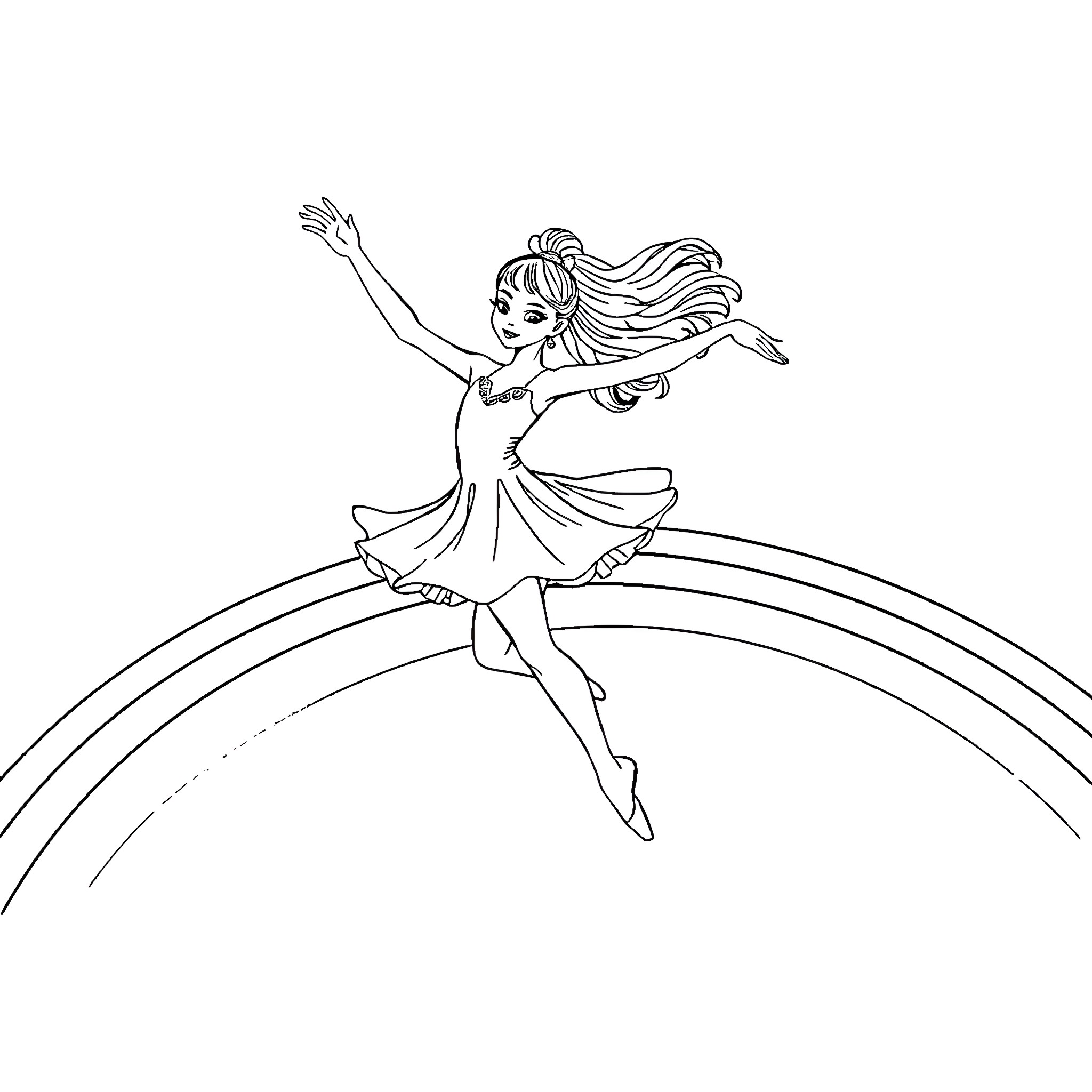 Girl dancing joyfully on a rainbow Coloring Page (free black-and-white line drawing printable PDF for all, from beginners to advanced learners, including children, teens, adults, and seniors)