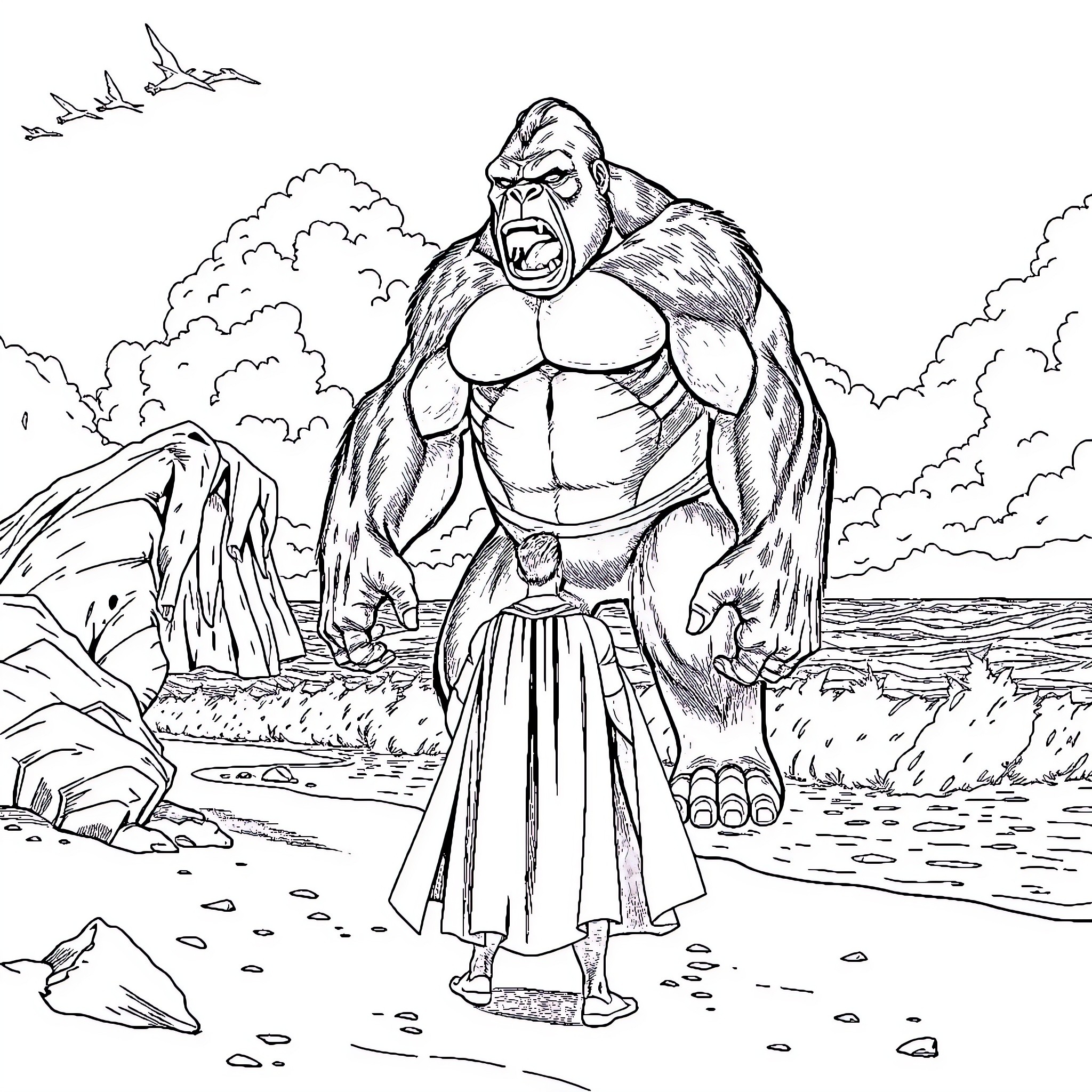 Superman-like muscular creature stands tall in nature Coloring Page (free black-and-white line drawing printable PDF for all, from beginners to advanced learners, including children, teens, adults, and seniors)