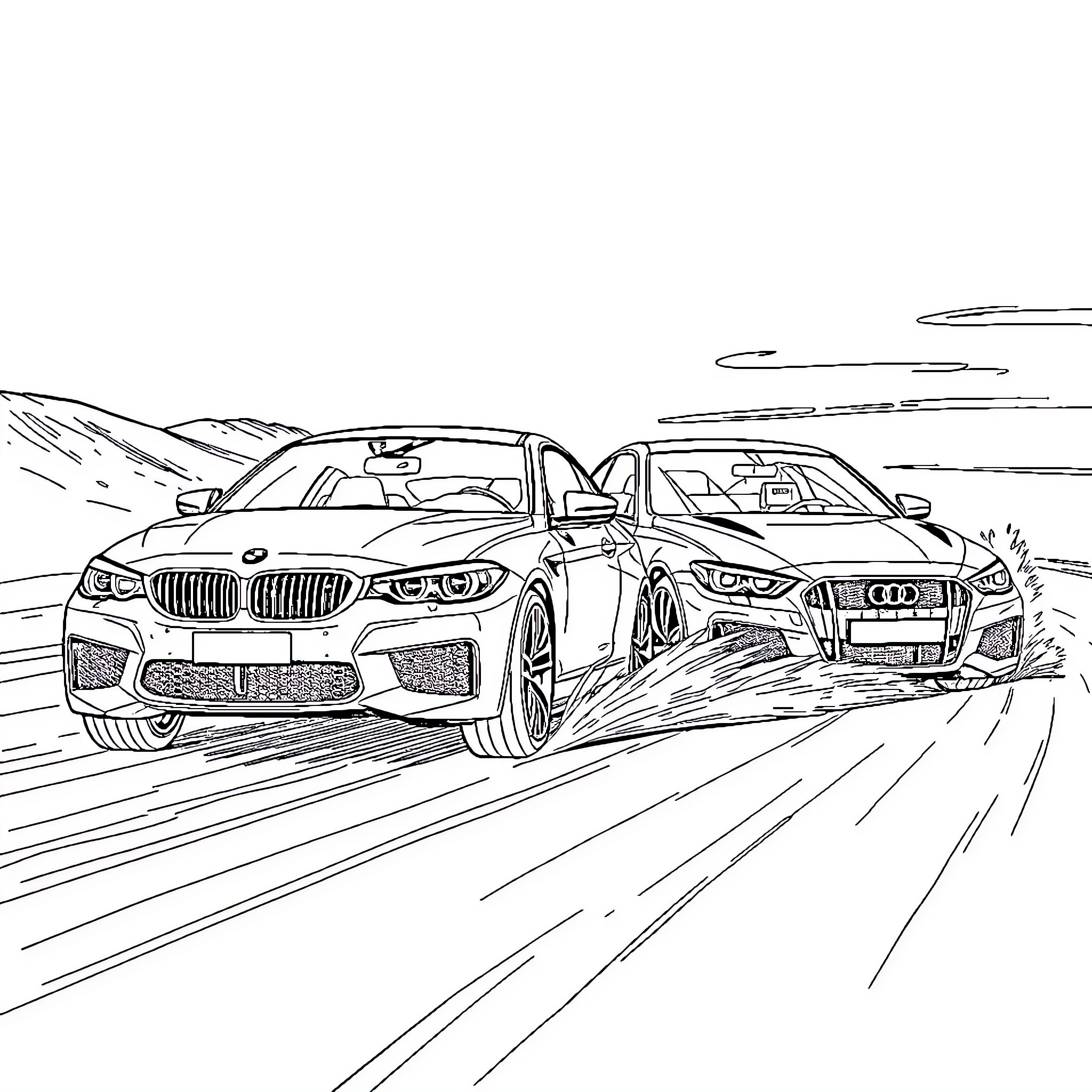 Cars racing speedily on the road Coloring Page (free black-and-white line drawing printable PDF for all, from beginners to advanced learners, including children, teens, adults, and seniors)
