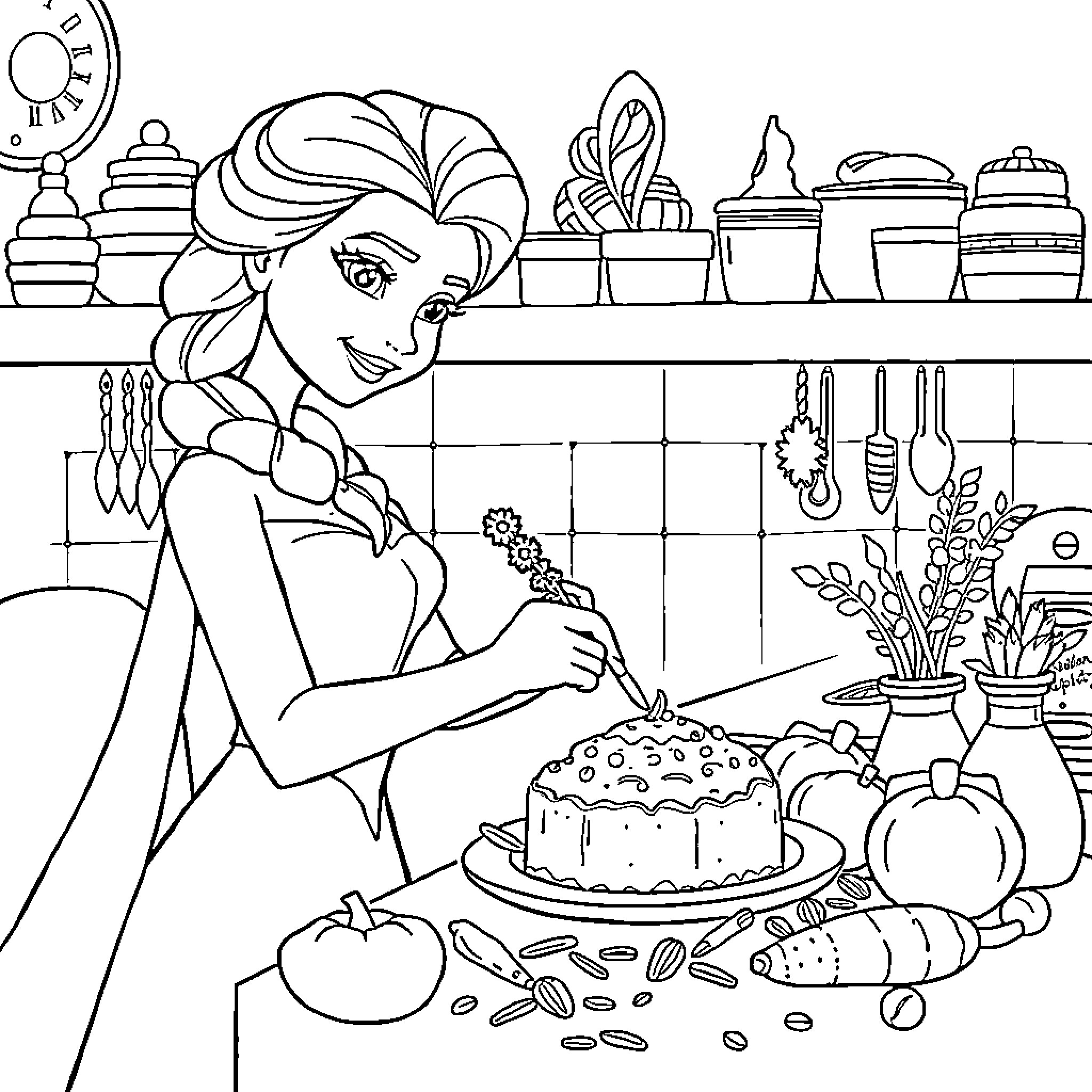 Elsa baking a delicious cake in the kitchen Coloring Page (free black-and-white line drawing printable PDF for all, from beginners to advanced learners, including children, teens, adults, and seniors)