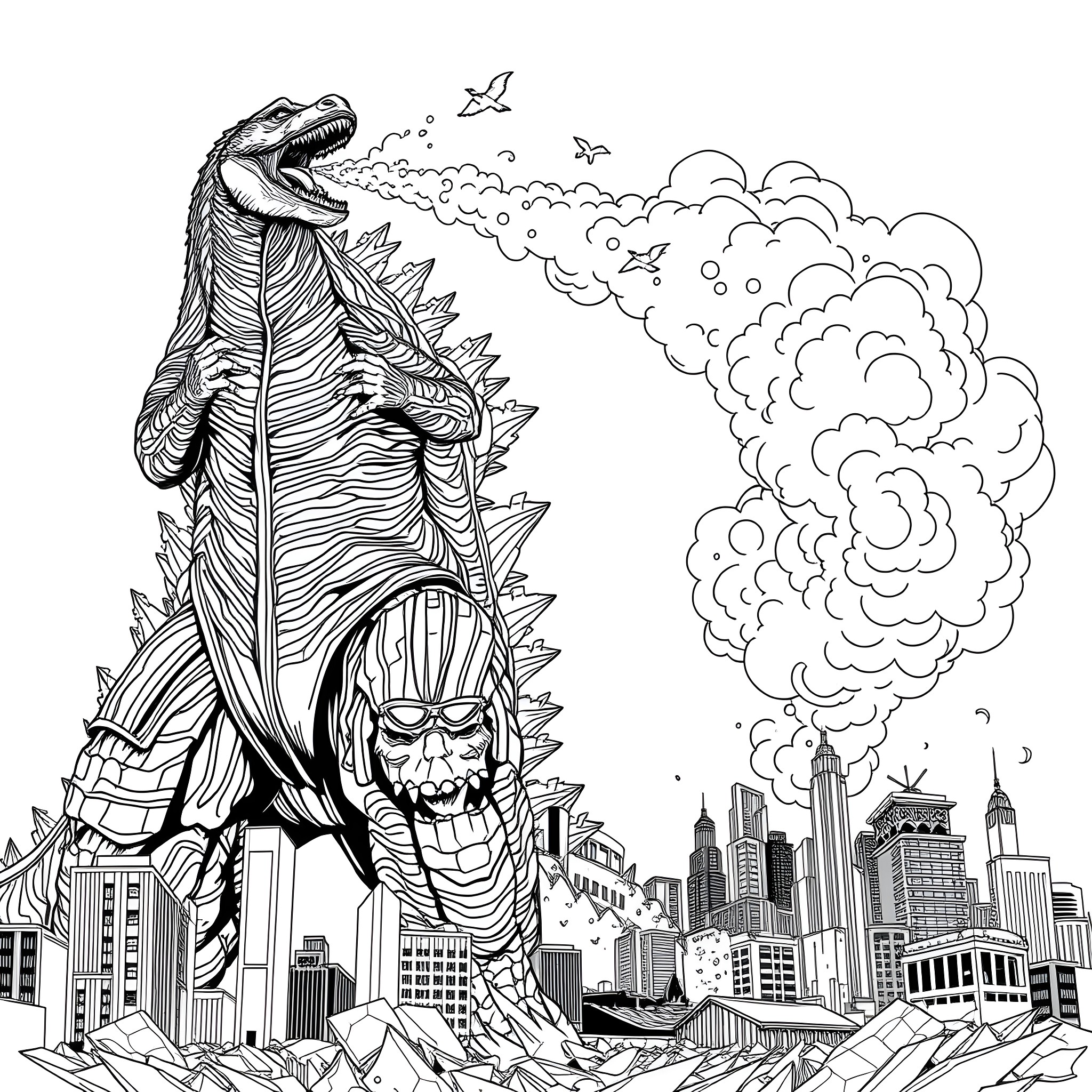 Godzilla's Rampage Through the City Coloring Page (free black-and-white line drawing printable PDF for all, from beginners to advanced learners, including children, teens, adults, and seniors)