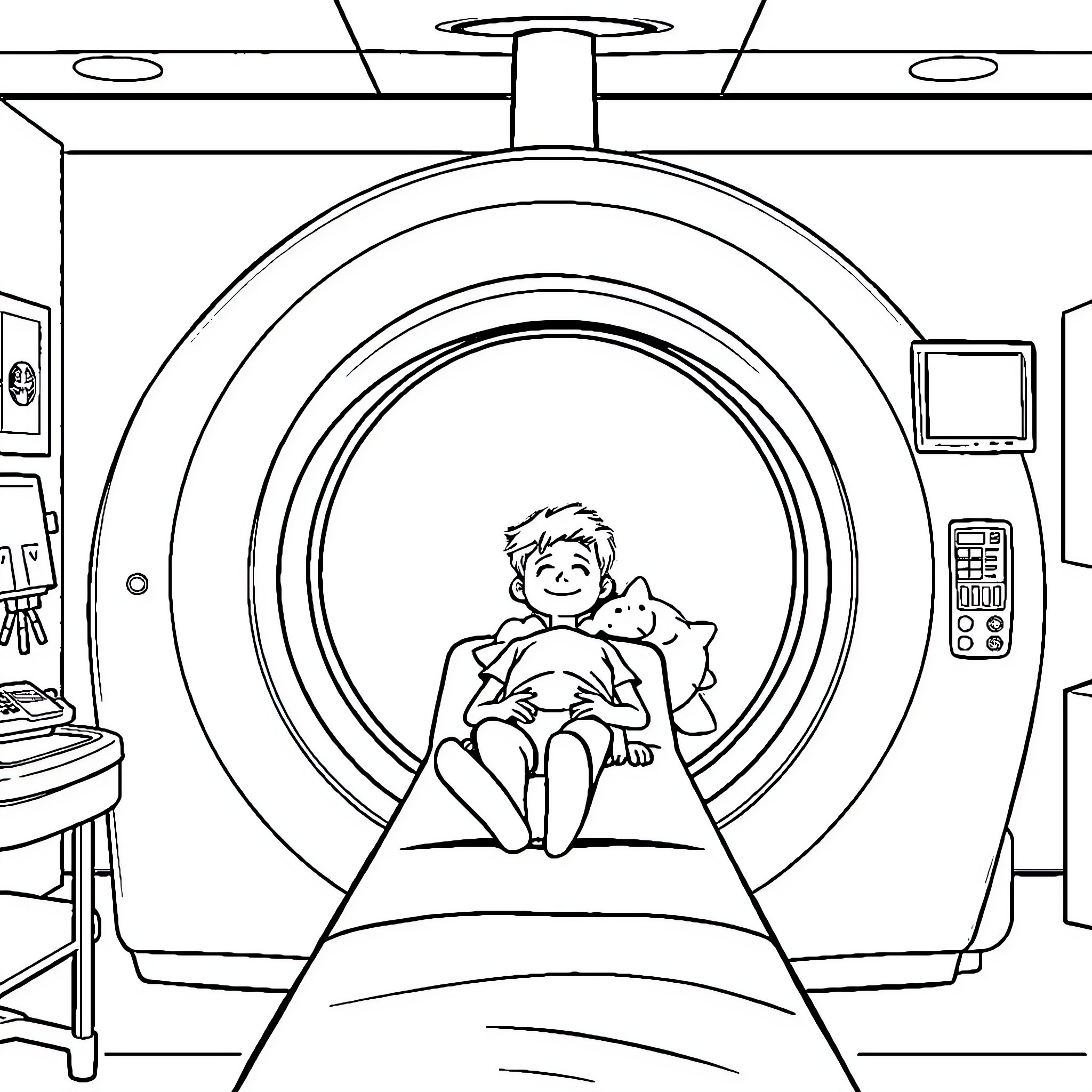 Character Undergoing Medical Scan in Hospital Coloring Page (free black-and-white line drawing printable PDF for all, from beginners to advanced learners, including children, teens, adults, and seniors)