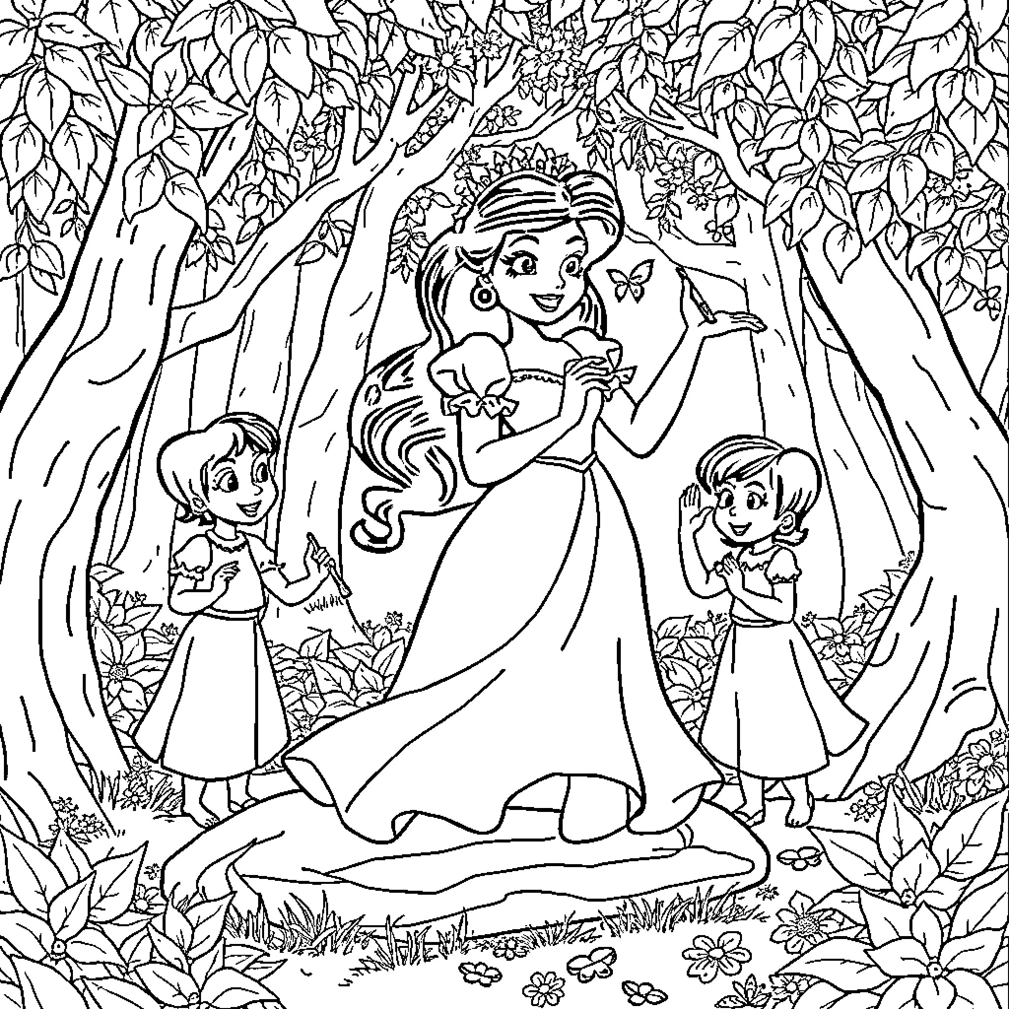 Snow White's Enchanted Forest Adventure Coloring Page (free black-and-white line drawing printable PDF for all, from beginners to advanced learners, including children, teens, adults, and seniors)