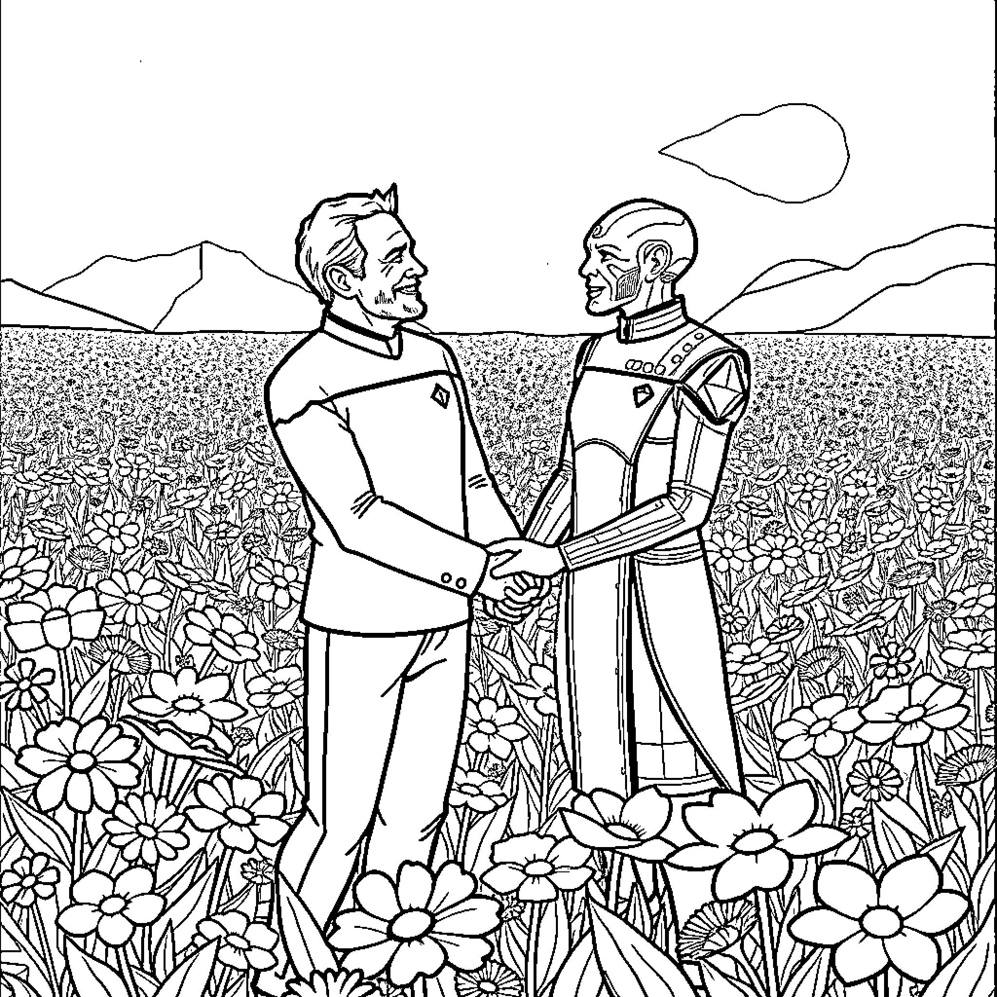 Quark Handshake in Flowery Meadow Coloring Page (free black-and-white line drawing printable PDF for all, from beginners to advanced learners, including children, teens, adults, and seniors)