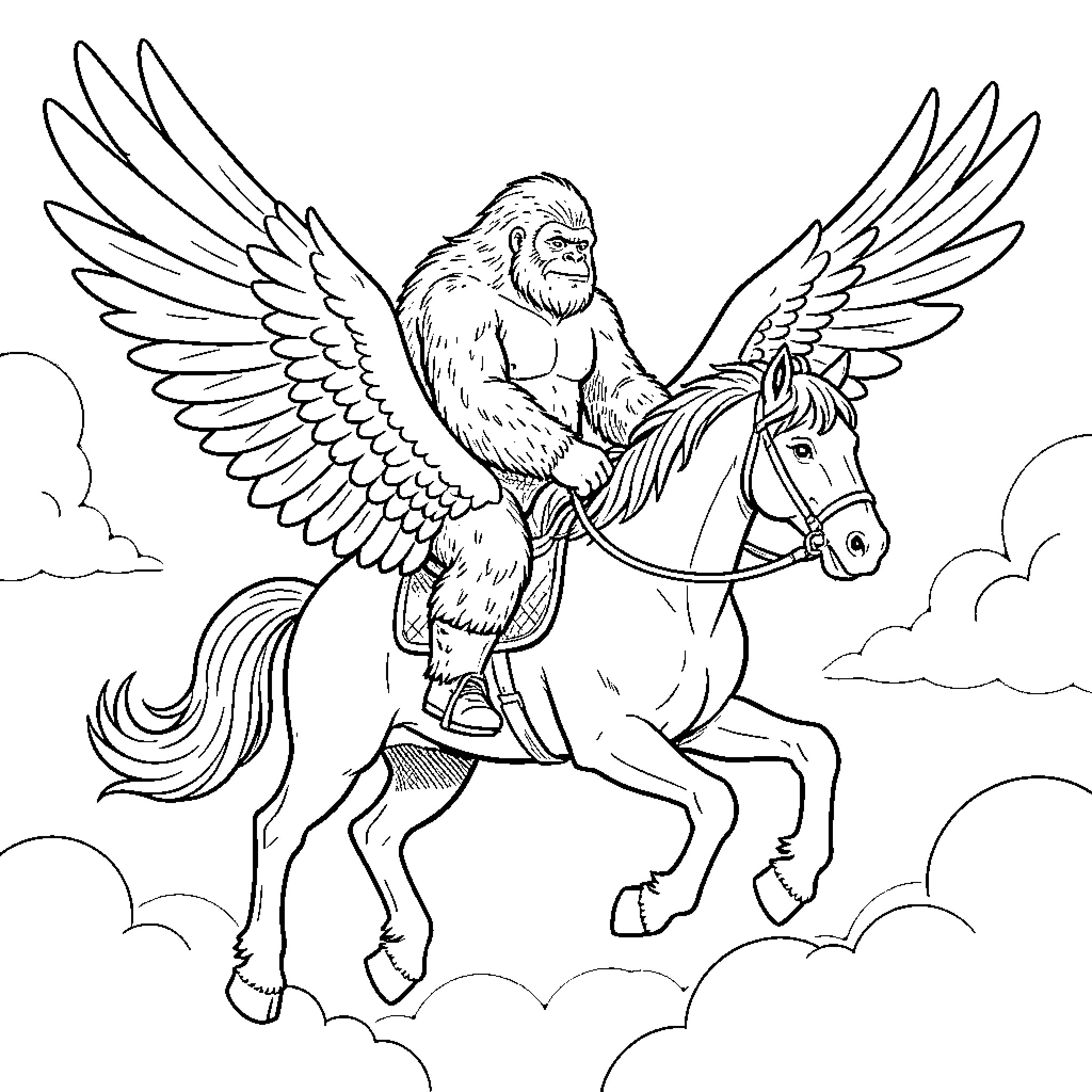 Sasquatch riding a winged horse through the clouds Coloring Page (free black-and-white line drawing printable PDF for all, from beginners to advanced learners, including children, teens, adults, and seniors)