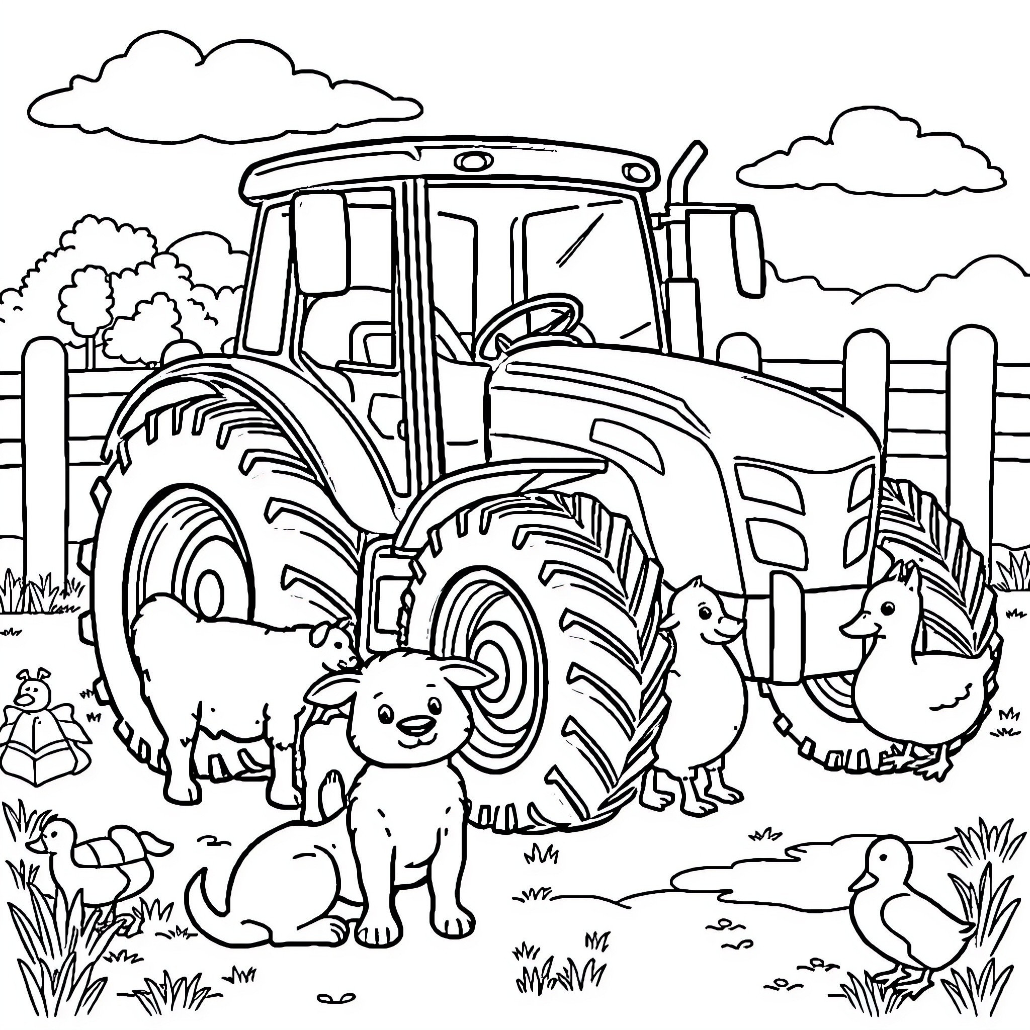 Tractor at work with animals on the farm Coloring Page (free black-and-white line drawing printable PDF for all, from beginners to advanced learners, including children, teens, adults, and seniors)