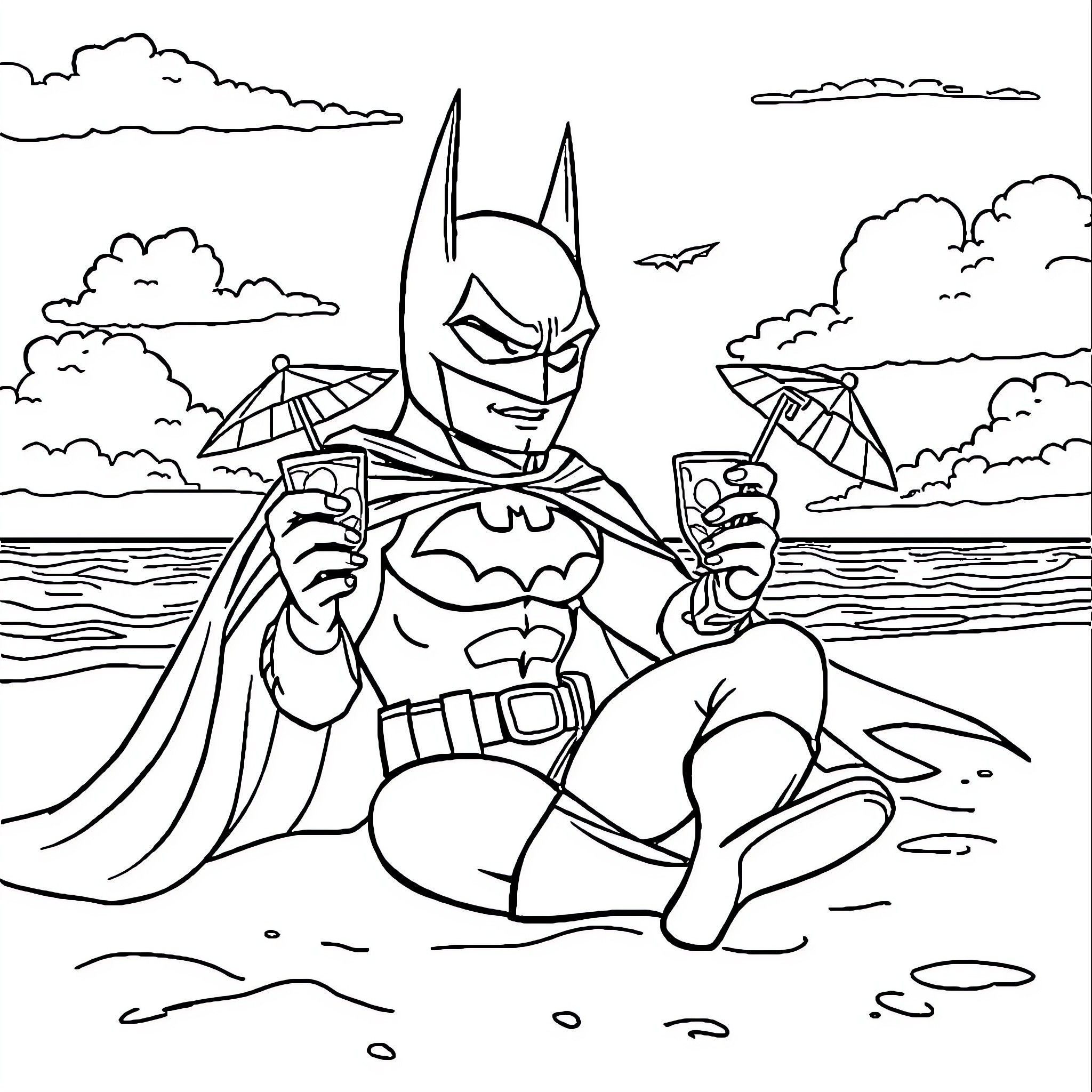 Batman relaxing on the beach with a drink Coloring Page (free black-and-white line drawing printable PDF for all, from beginners to advanced learners, including children, teens, adults, and seniors)