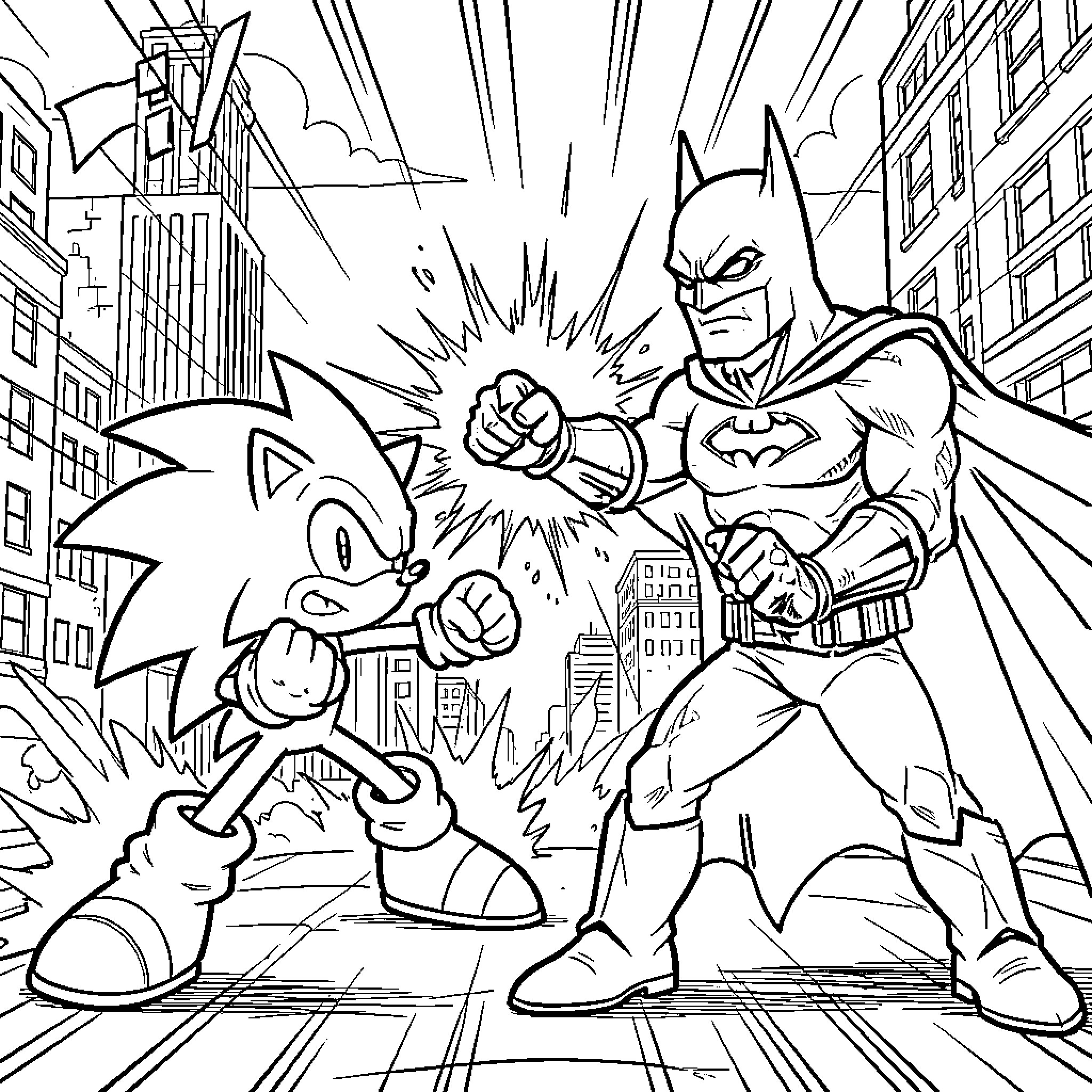 Sonic and Batman in Epic Superhero Battle Coloring Page (free black-and-white line drawing printable PDF for all, from beginners to advanced learners, including children, teens, adults, and seniors)