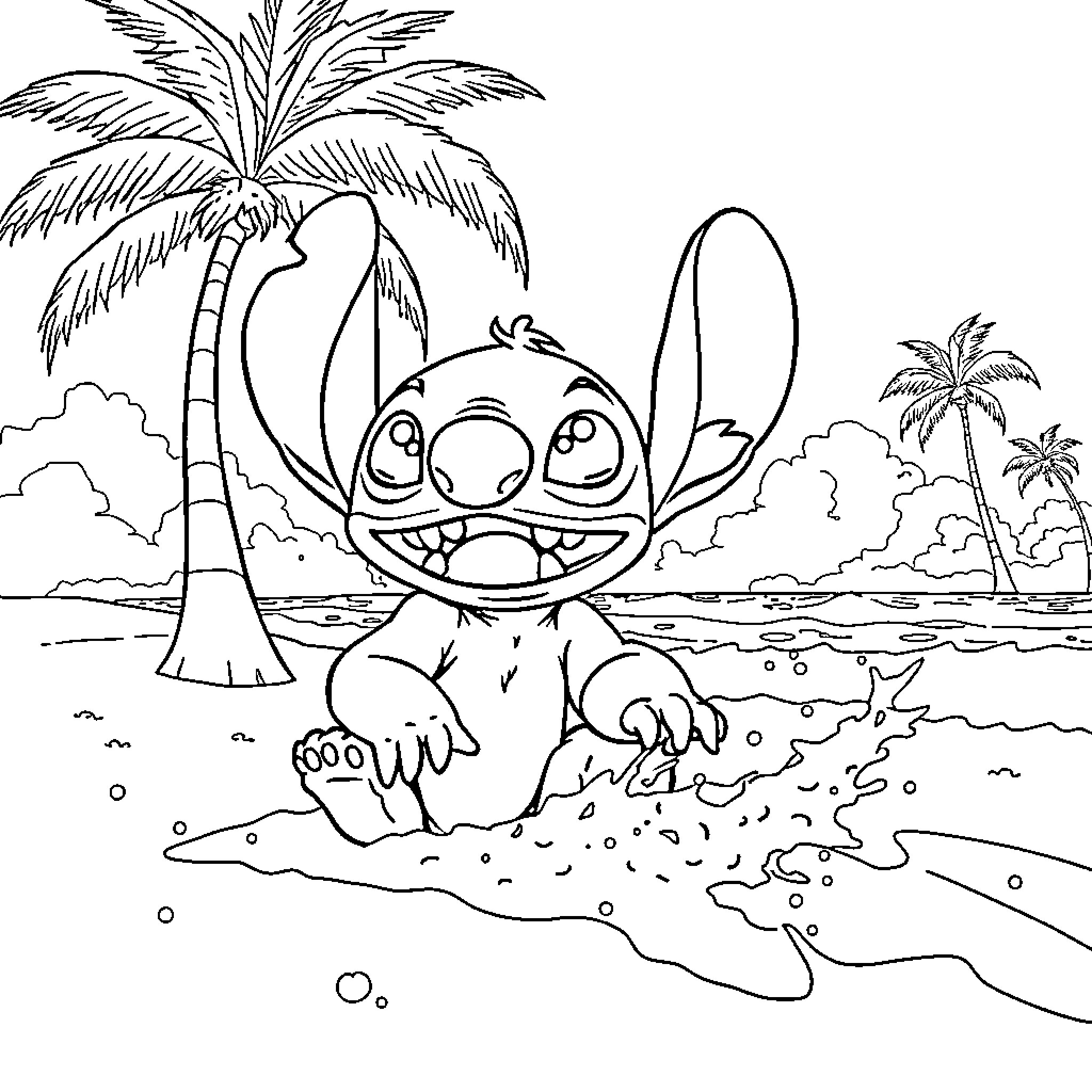 Stitch playing happily on the beach Coloring Page (free black-and-white line drawing printable PDF for all, from beginners to advanced learners, including children, teens, adults, and seniors)