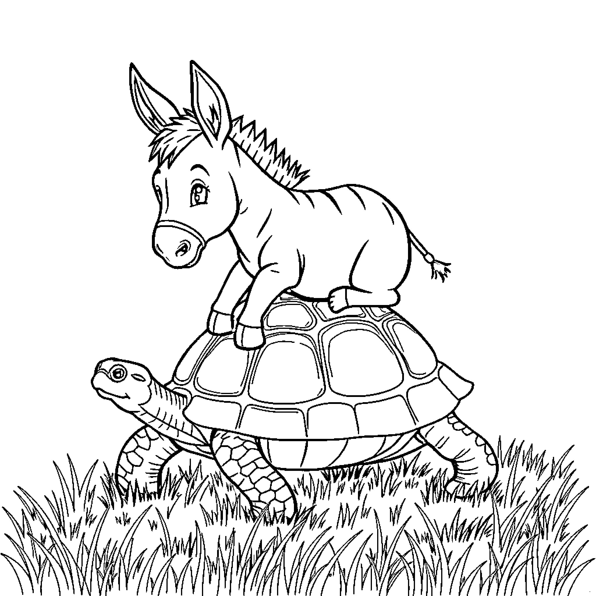 Donkey riding a turtle in the meadow Coloring Page (free black-and-white line drawing printable PDF for all, from beginners to advanced learners, including children, teens, adults, and seniors)