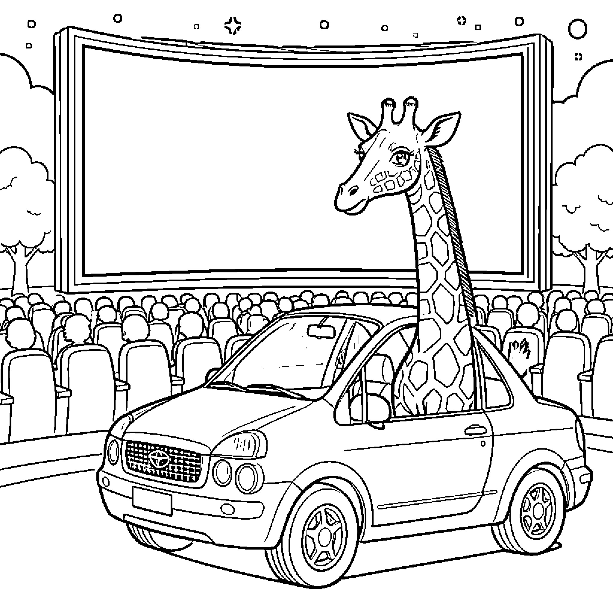 Giraffe watching a movie while sitting in a car Coloring Page (free black-and-white line drawing printable PDF for all, from beginners to advanced learners, including children, teens, adults, and seniors)