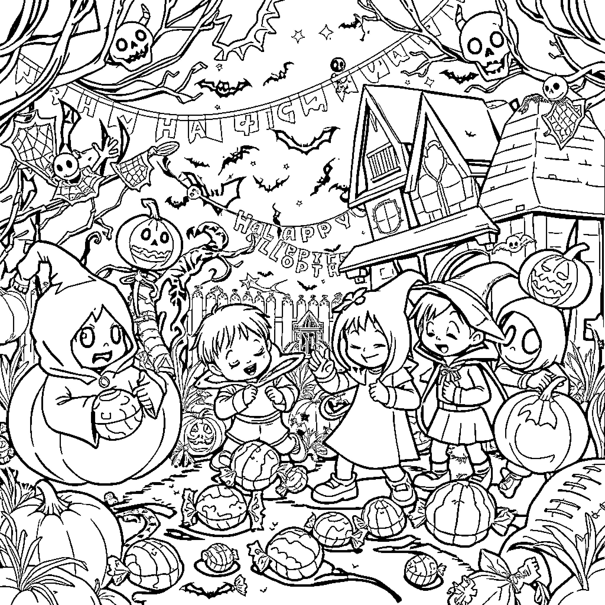Halloween Fun with Spooky Decorations and Costumed Characters Coloring Page (free black-and-white line drawing printable PDF for all, from beginners to advanced learners, including children, teens, adults, and seniors)
