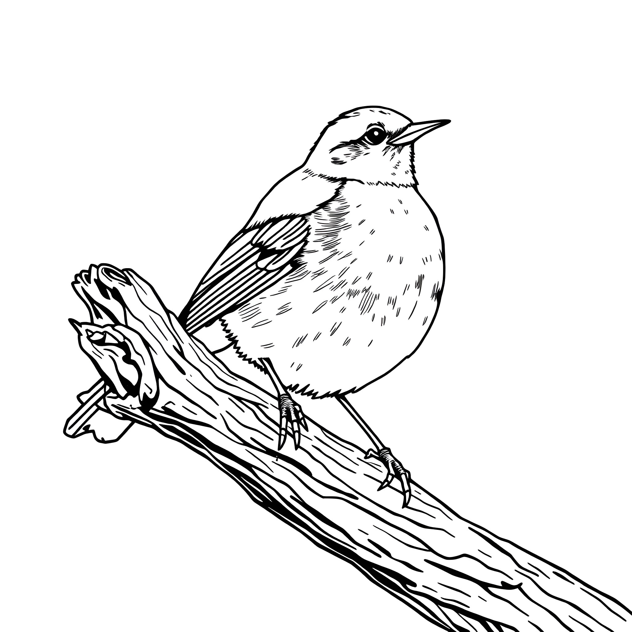 American Robin perched on a branch Coloring Page (free black-and-white line drawing printable PDF for all, from beginners to advanced learners, including children, teens, adults, and seniors)