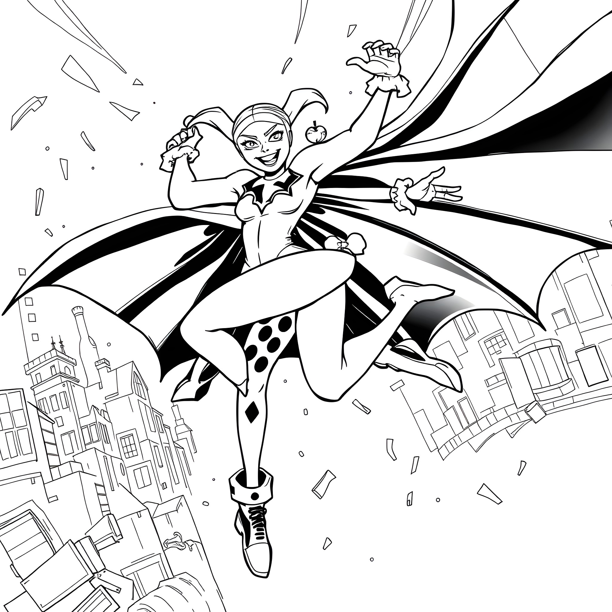 Harley Quinn Dashing Through the City Skyline Coloring Page (free black-and-white line drawing printable PDF for all, from beginners to advanced learners, including children, teens, adults, and seniors)
