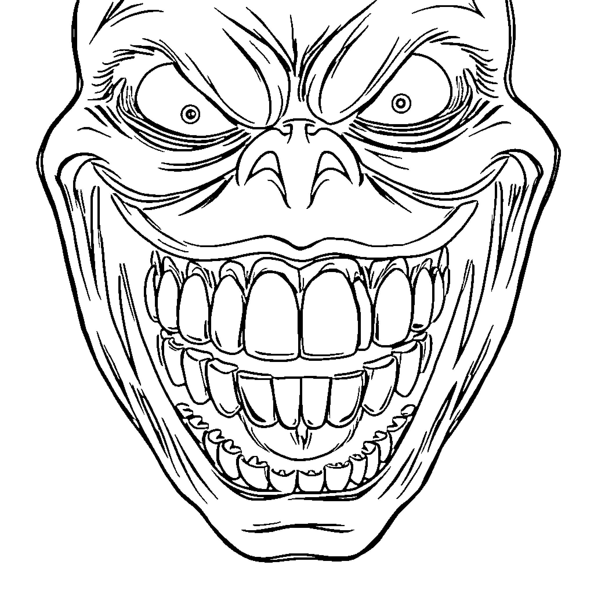 Face of a Monstrous Creature with Menacing Expression Coloring Page (free black-and-white line drawing printable PDF for all, from beginners to advanced learners, including children, teens, adults, and seniors)