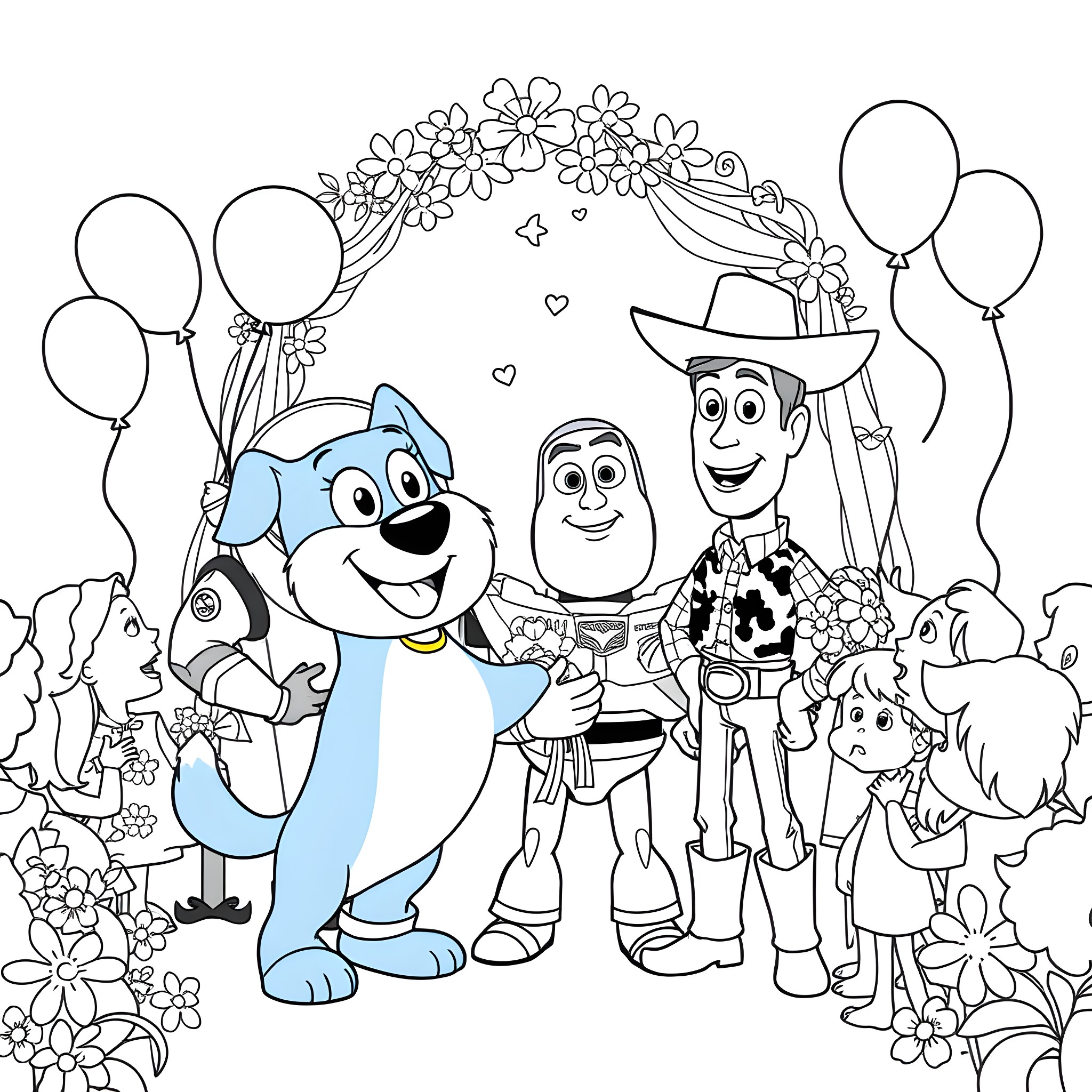Bluey and friends celebrate with balloons and flowers Coloring Page (free black-and-white line drawing printable PDF for all, from beginners to advanced learners, including children, teens, adults, and seniors)