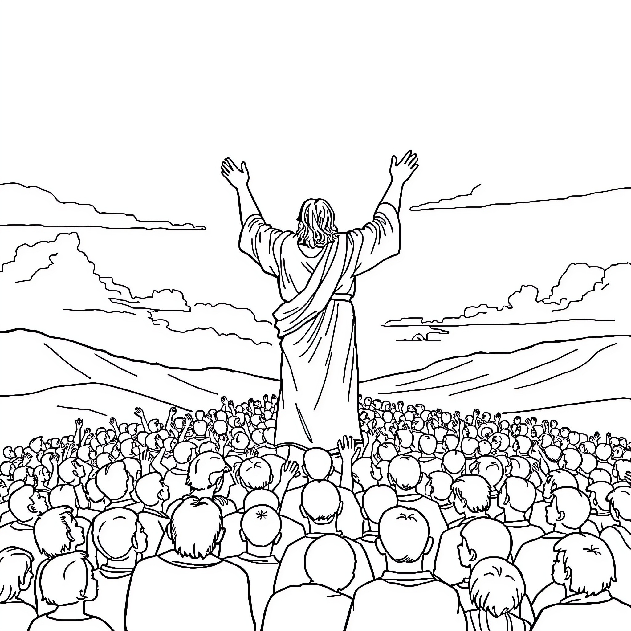 Jesus Preaching to the Crowd with Outstretched Arms Coloring Page (free black-and-white line drawing printable PDF for all, from beginners to advanced learners, including children, teens, adults, and seniors)
