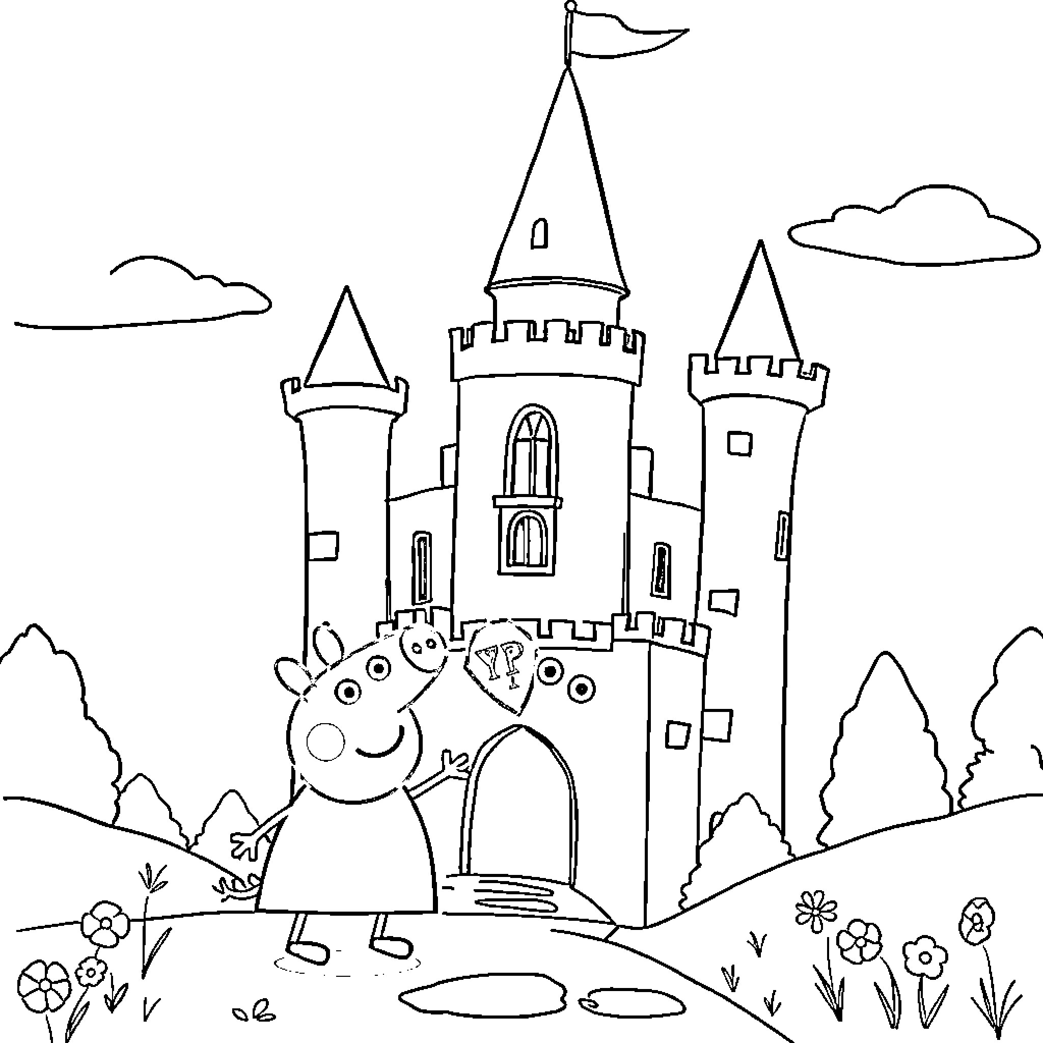 Peppa Pig visits a whimsical castle Coloring Page (free black-and-white line drawing printable PDF for all, from beginners to advanced learners, including children, teens, adults, and seniors)