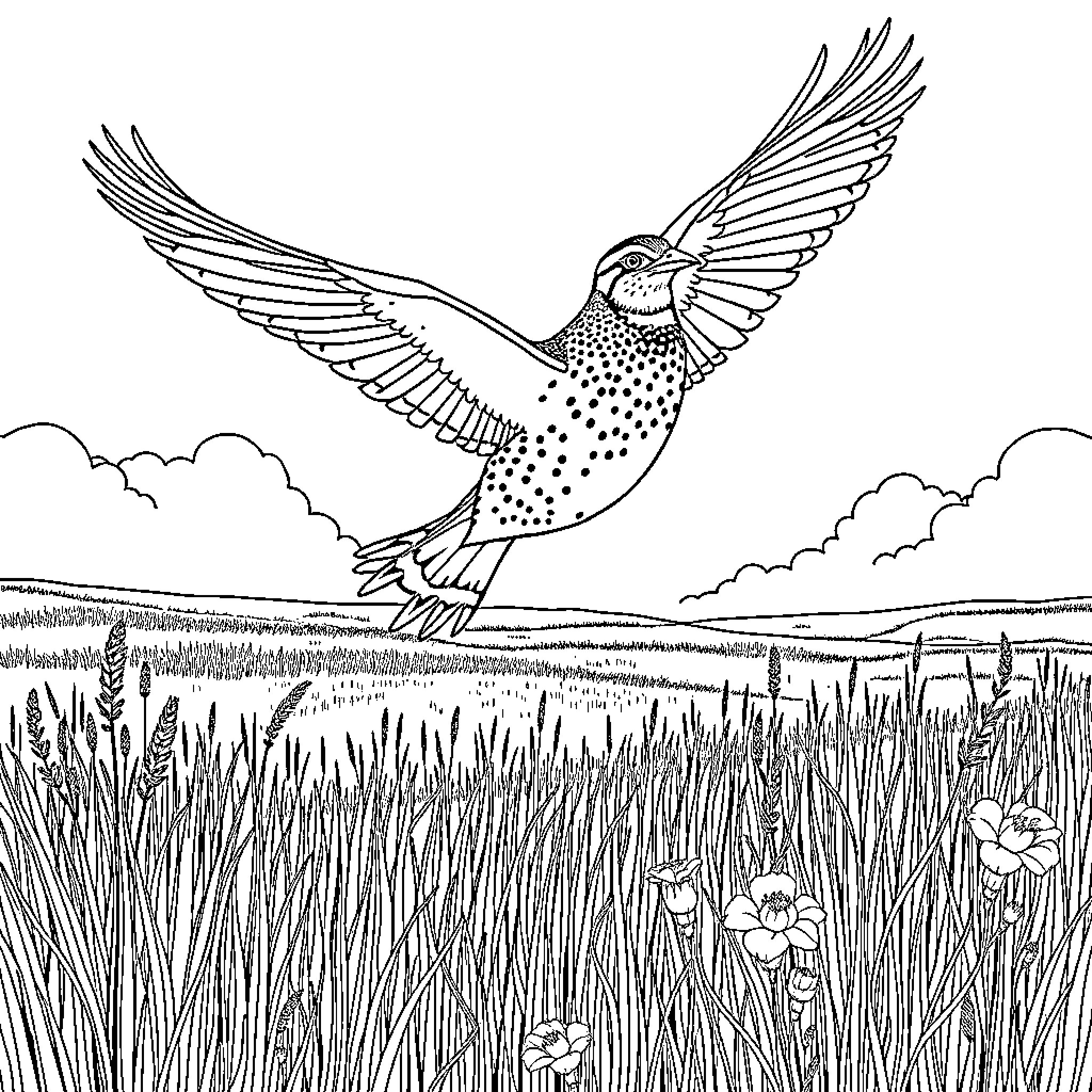 Quail spreading its wings in a meadow Coloring Page (free black-and-white line drawing printable PDF for all, from beginners to advanced learners, including children, teens, adults, and seniors)