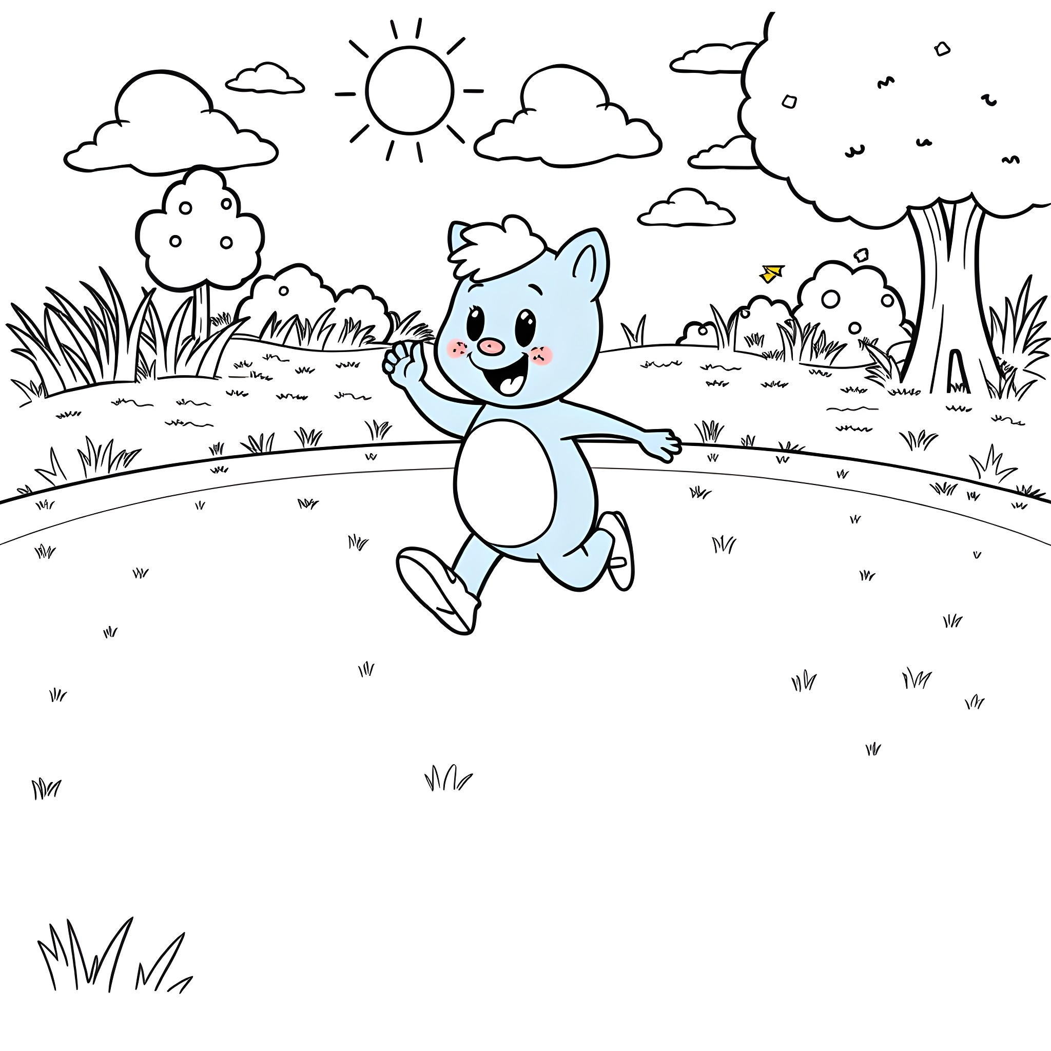 Bluey happily running in the park Coloring Page (free black-and-white line drawing printable PDF for all, from beginners to advanced learners, including children, teens, adults, and seniors)